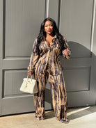 GOLDxTEAL satiny pant set. Chic neutral printed pant set.