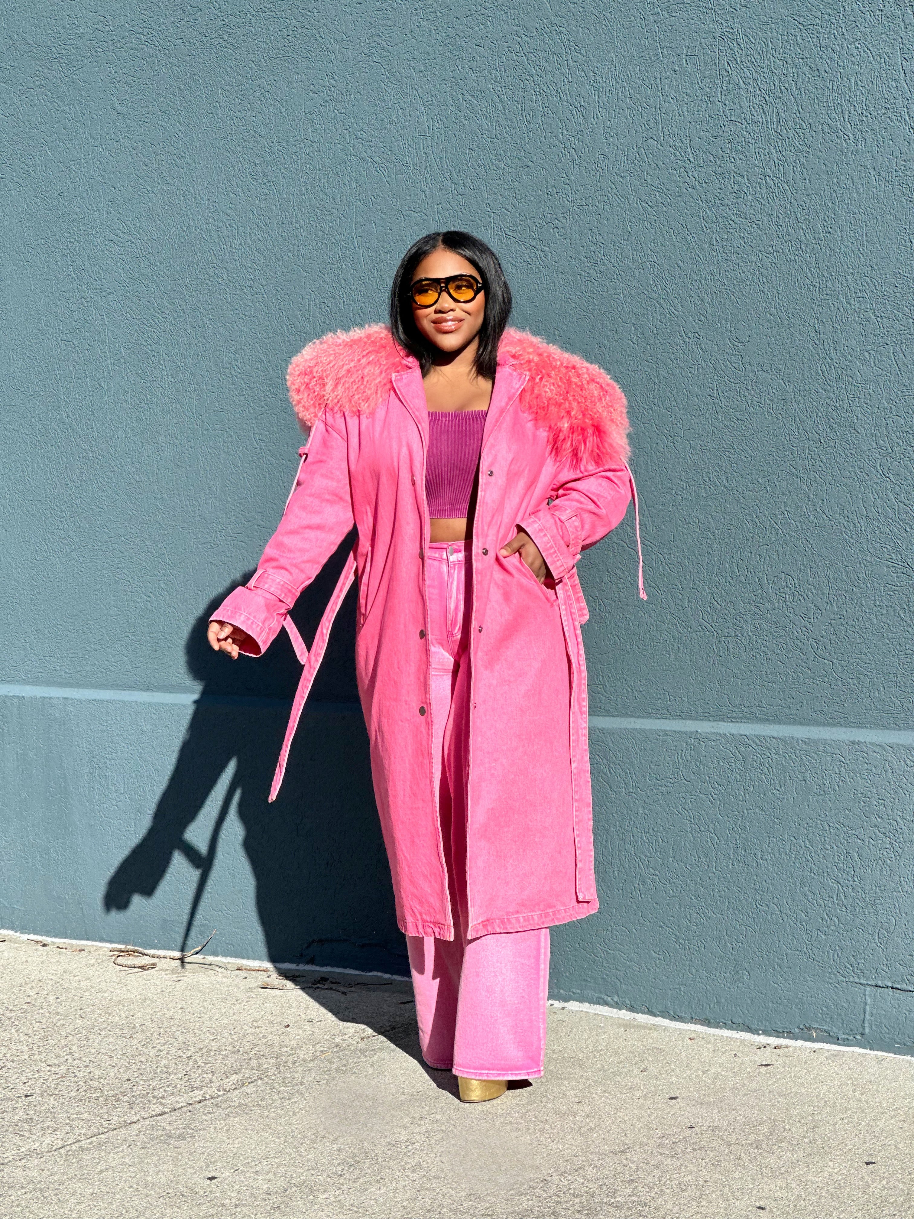 GOLDxTEAL pink denim fur trench coat.