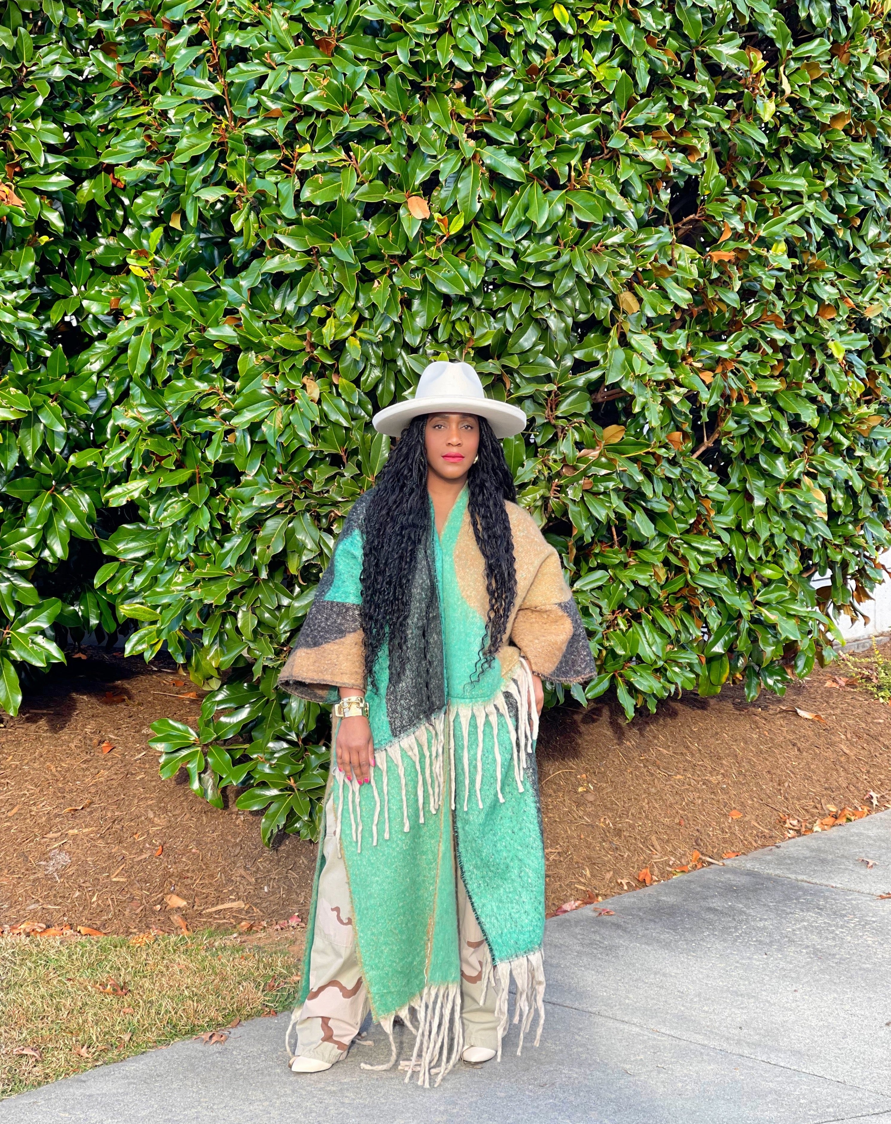GOLDxTEAL long poncho with tassels.