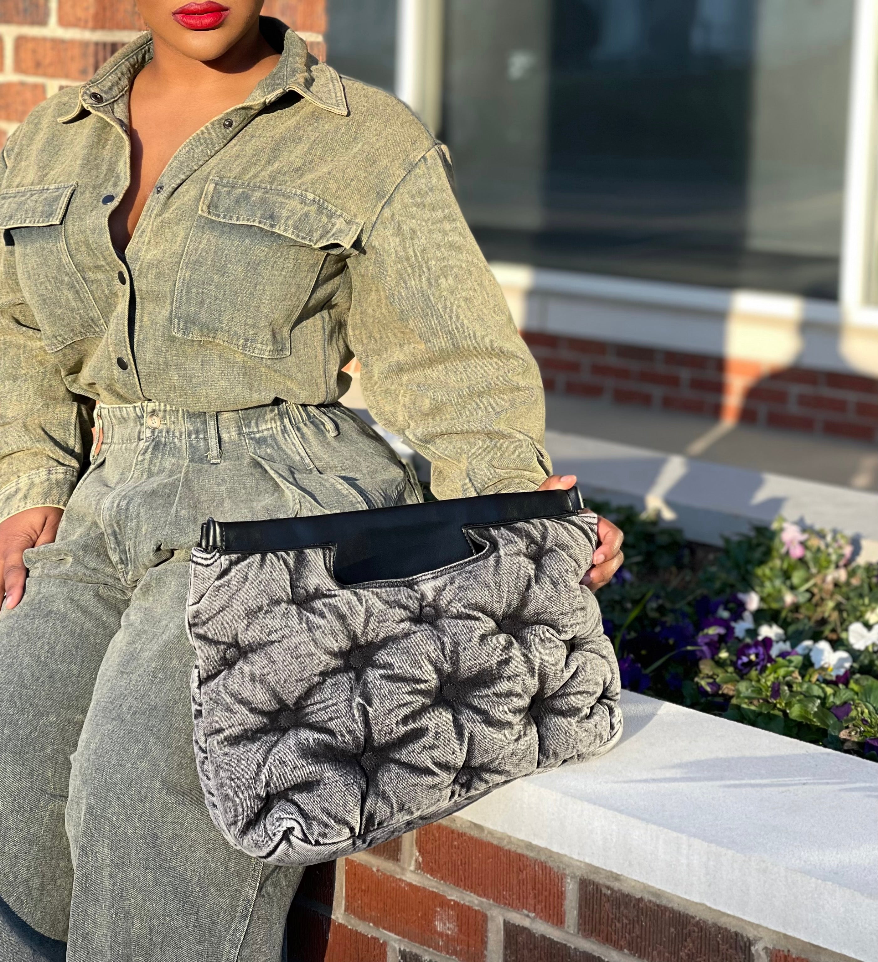 GOLDxTEAL gray denim clutch.