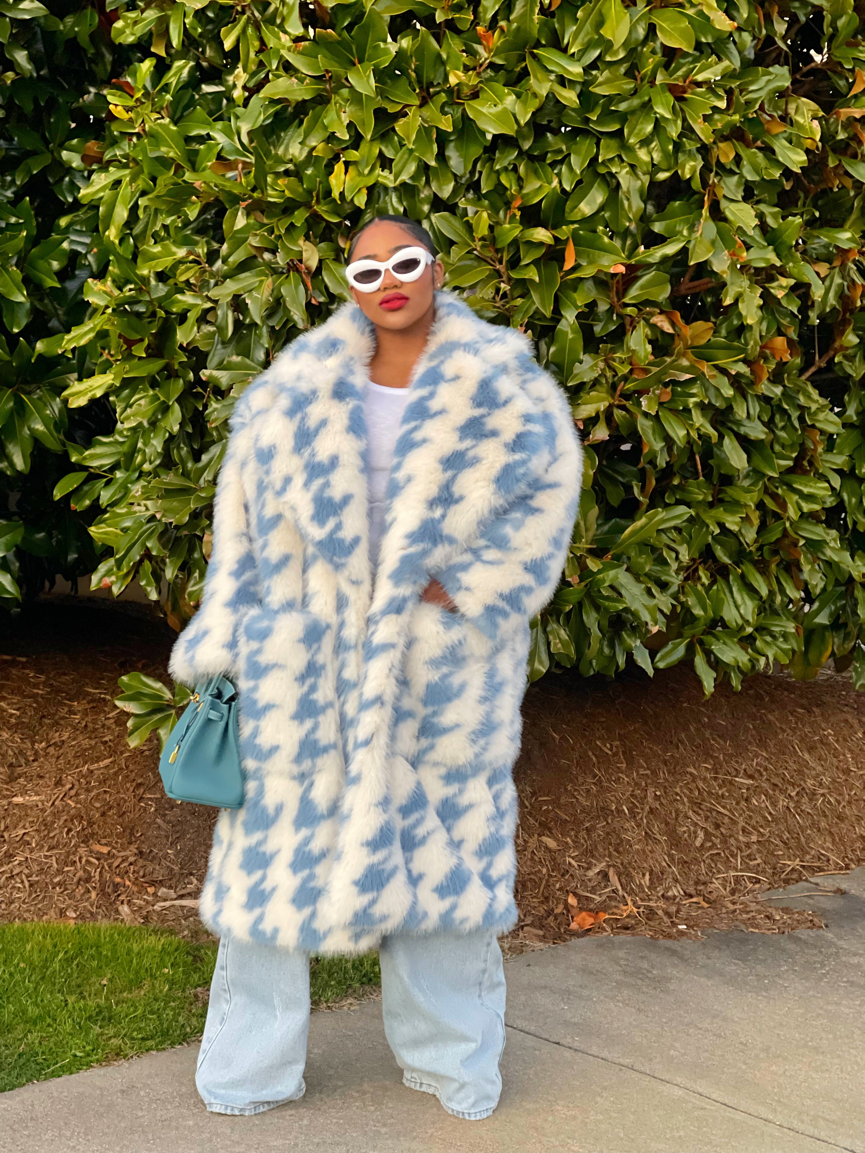 GOLDxTEAL gorgeous faux fur houndstooth coat.
