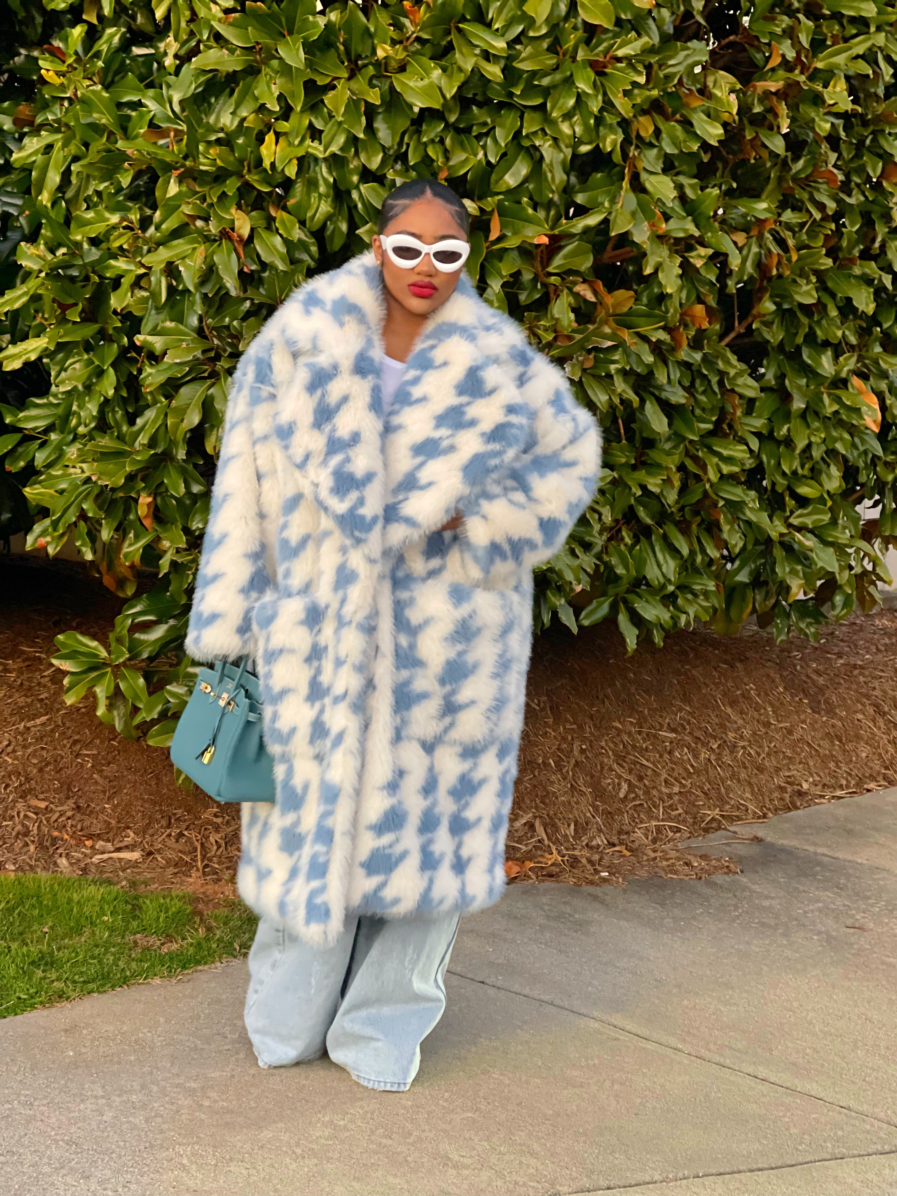 GOLDxTEAL gorgeous faux fur houndstooth coat.