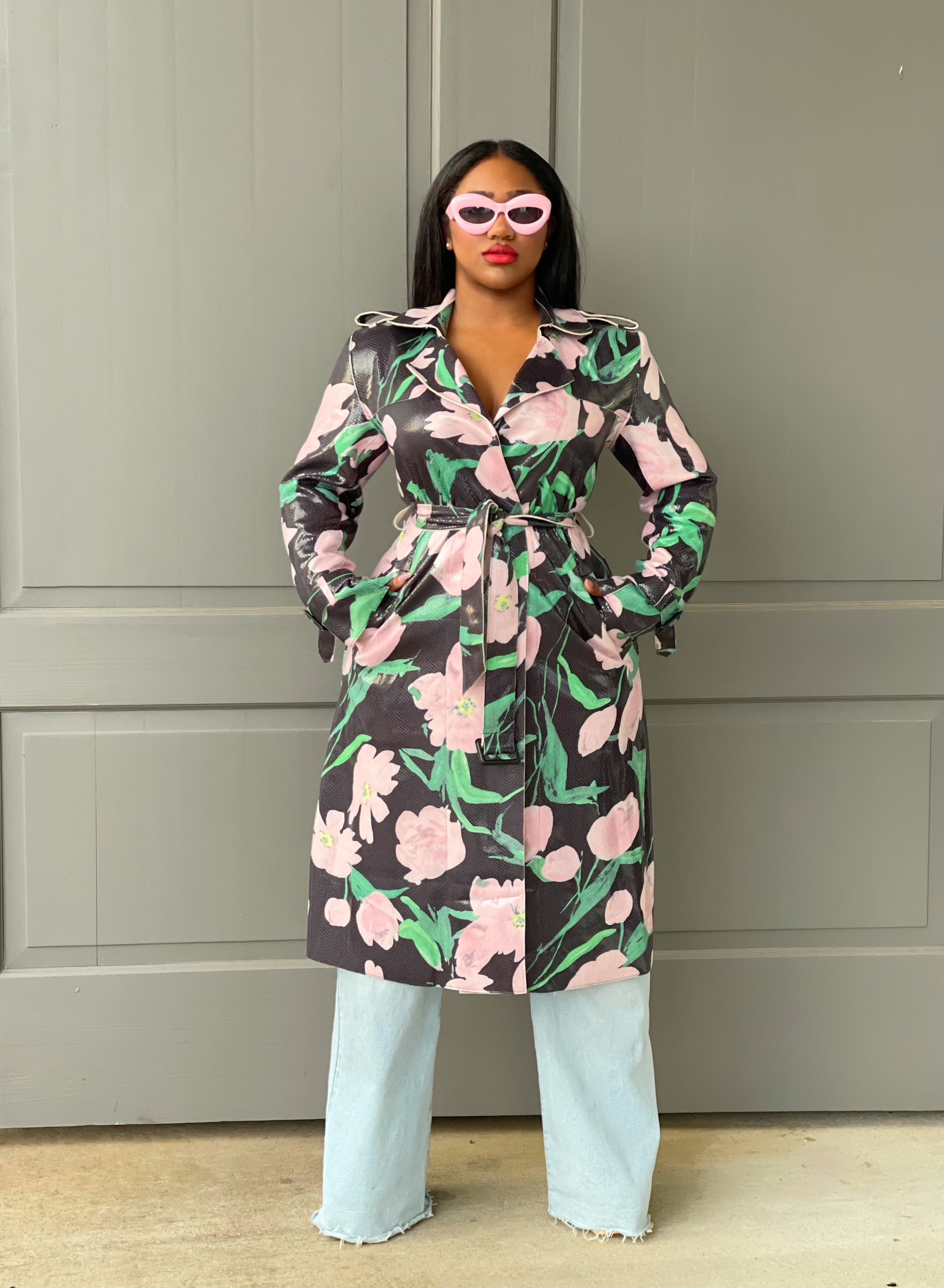GOLDxTEAL faux leather pink and green floral trench coat. Gorgeous floral print faux leather trench coat.