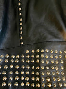 GOLDxTEAL silver metal embellished leather biker jacket.