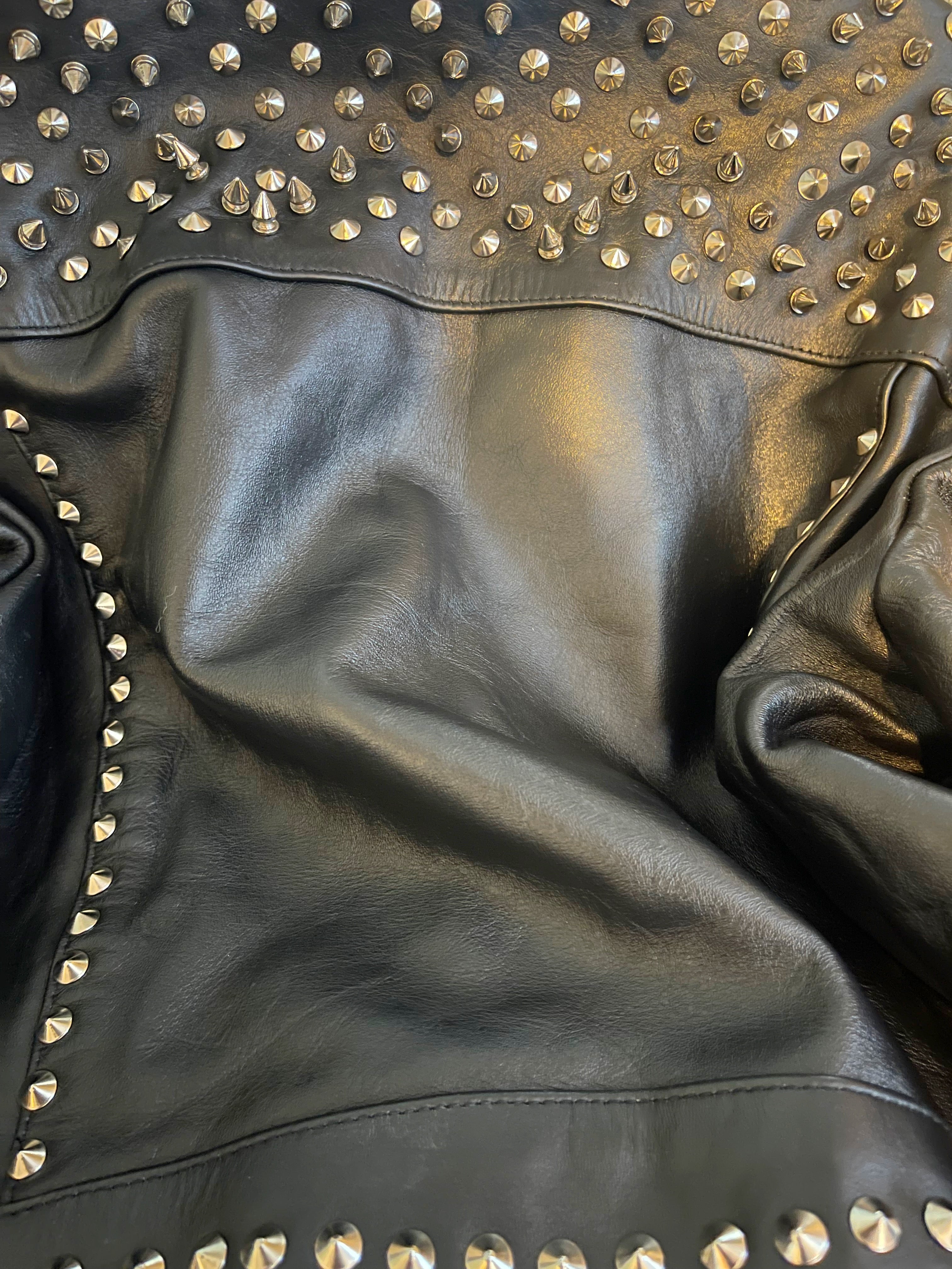 GOLDxTEAL silver metal embellished leather biker jacket.