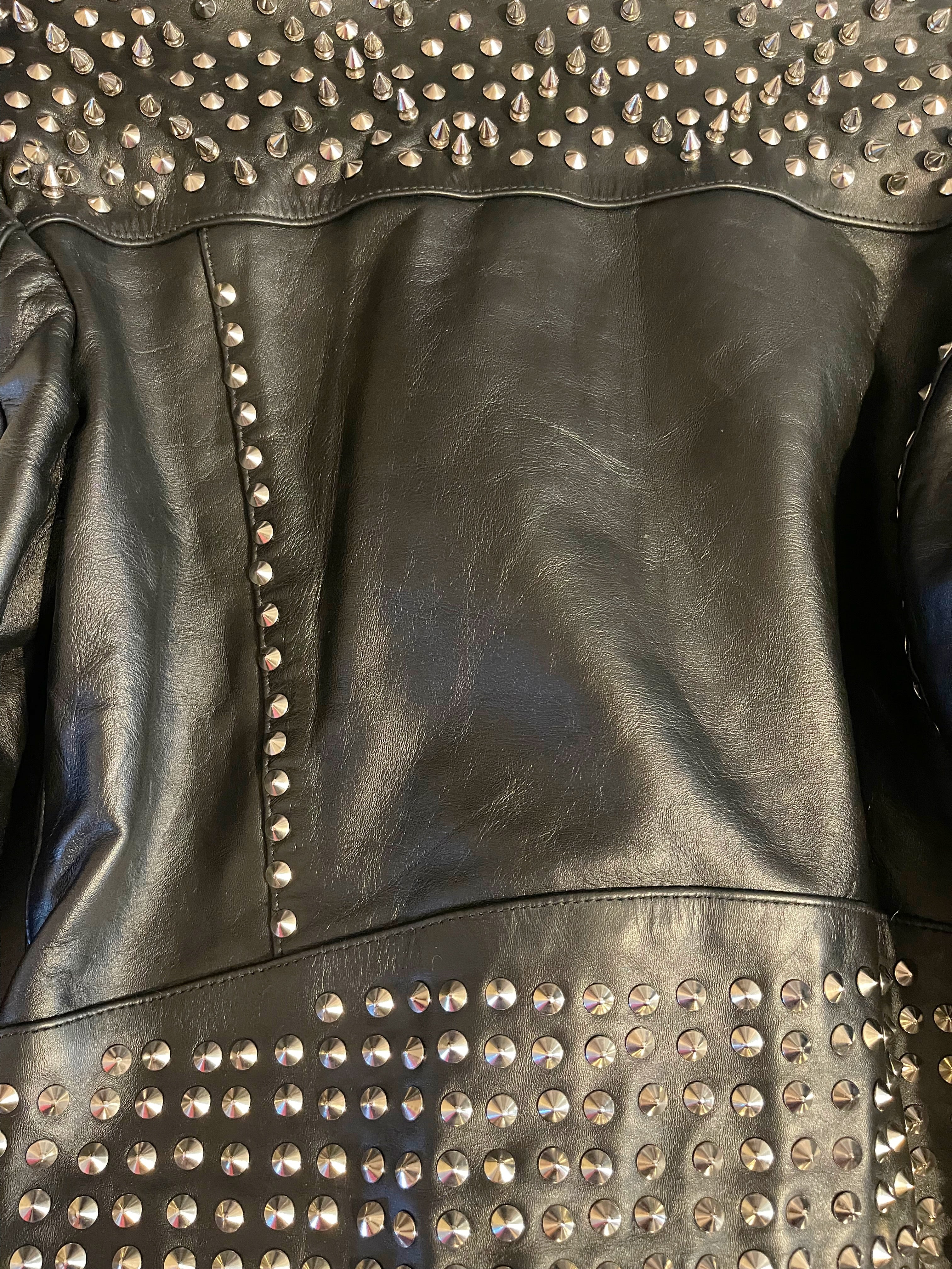 GOLDxTEAL silver metal embellished leather biker jacket.