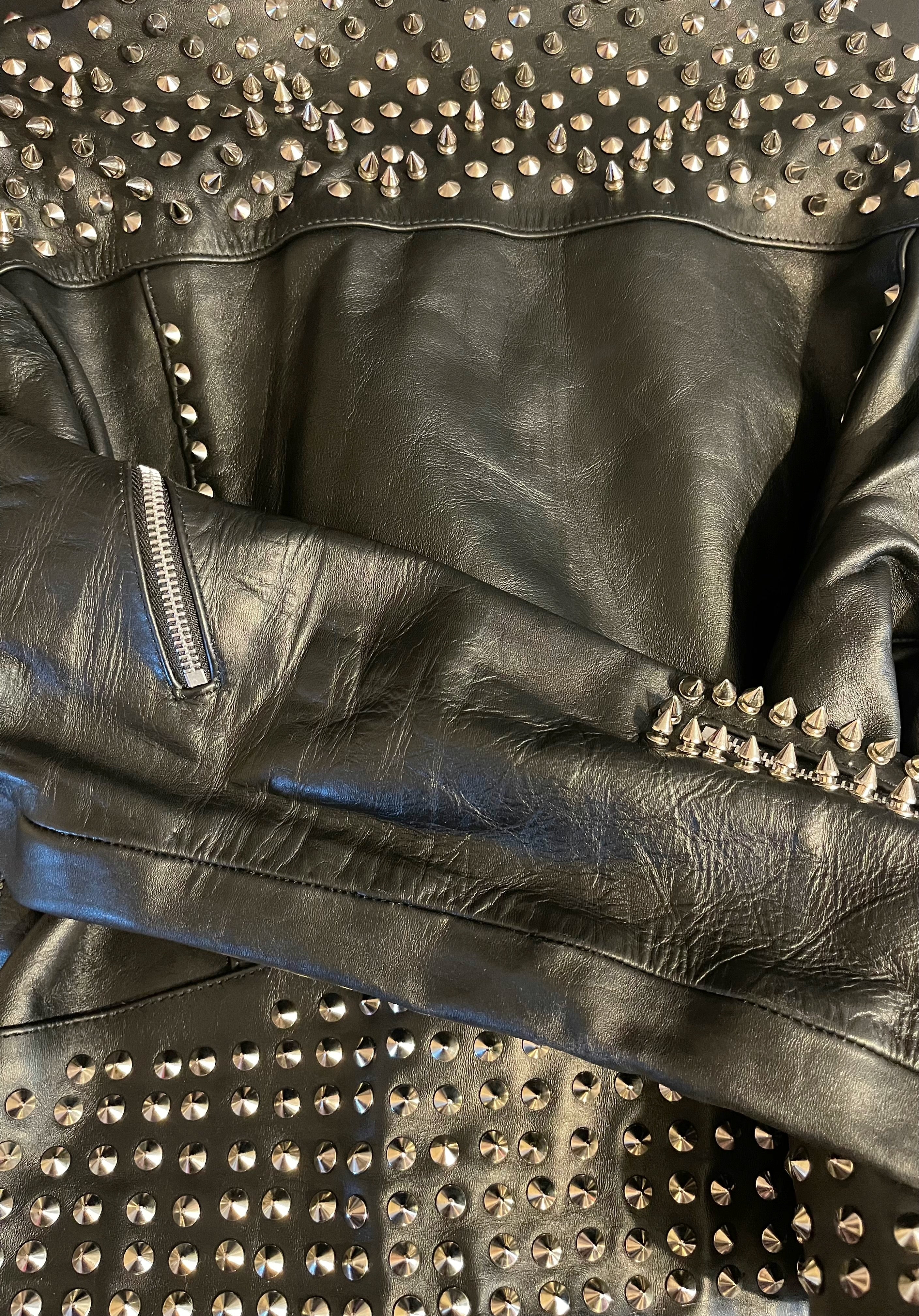 GOLDxTEAL silver metal embellished leather biker jacket.
