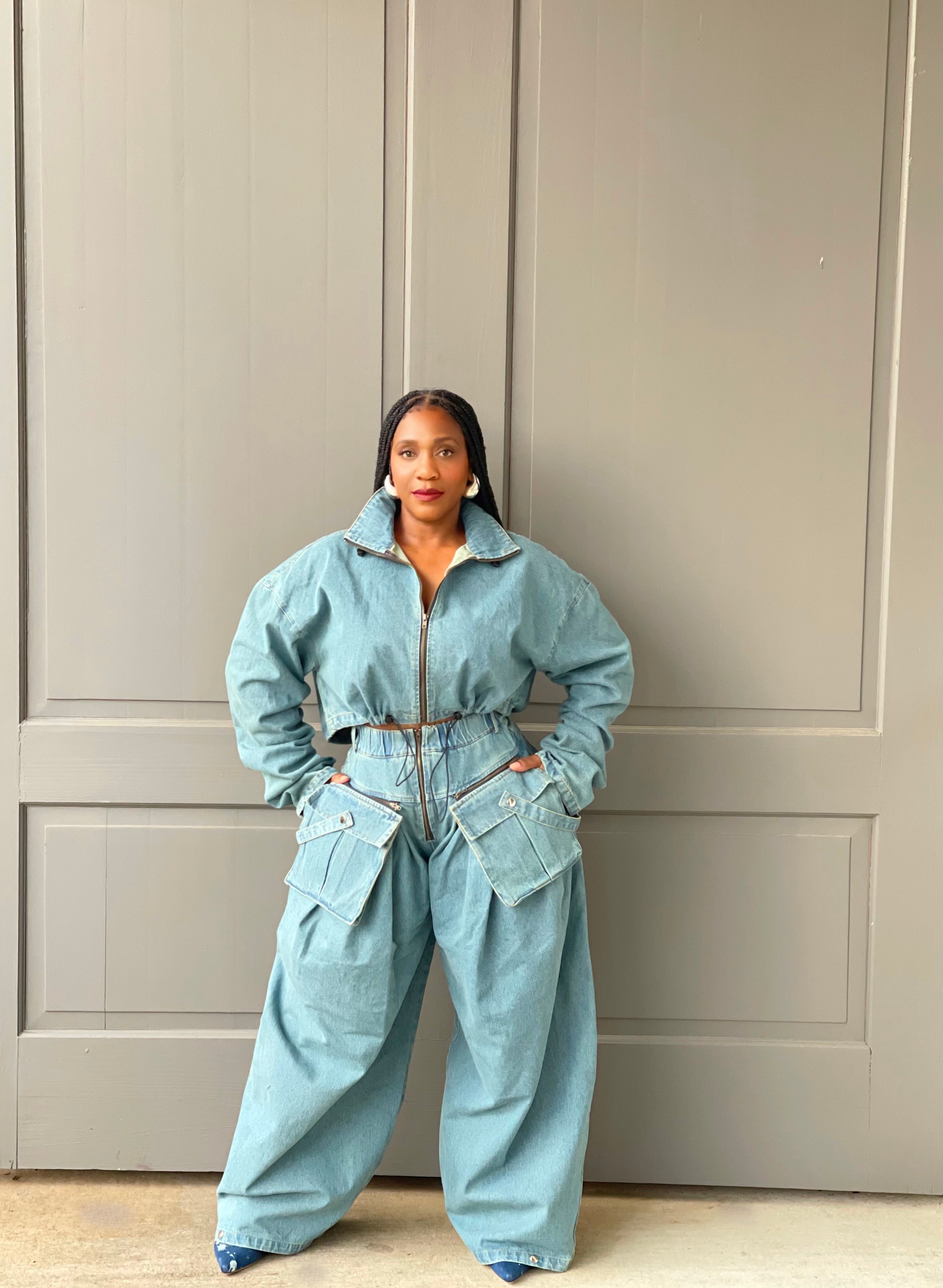 GOLDxTEAL denim wide leg pant set. Chic and stylish baggy cargo jeans with matching crop jacket.