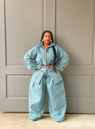 GOLDxTEAL denim wide leg pant set. Chic and stylish baggy cargo jeans with matching crop jacket.