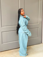GOLDxTEAL denim wide leg pant set. Chic and stylish baggy cargo jeans with matching crop jacket. 