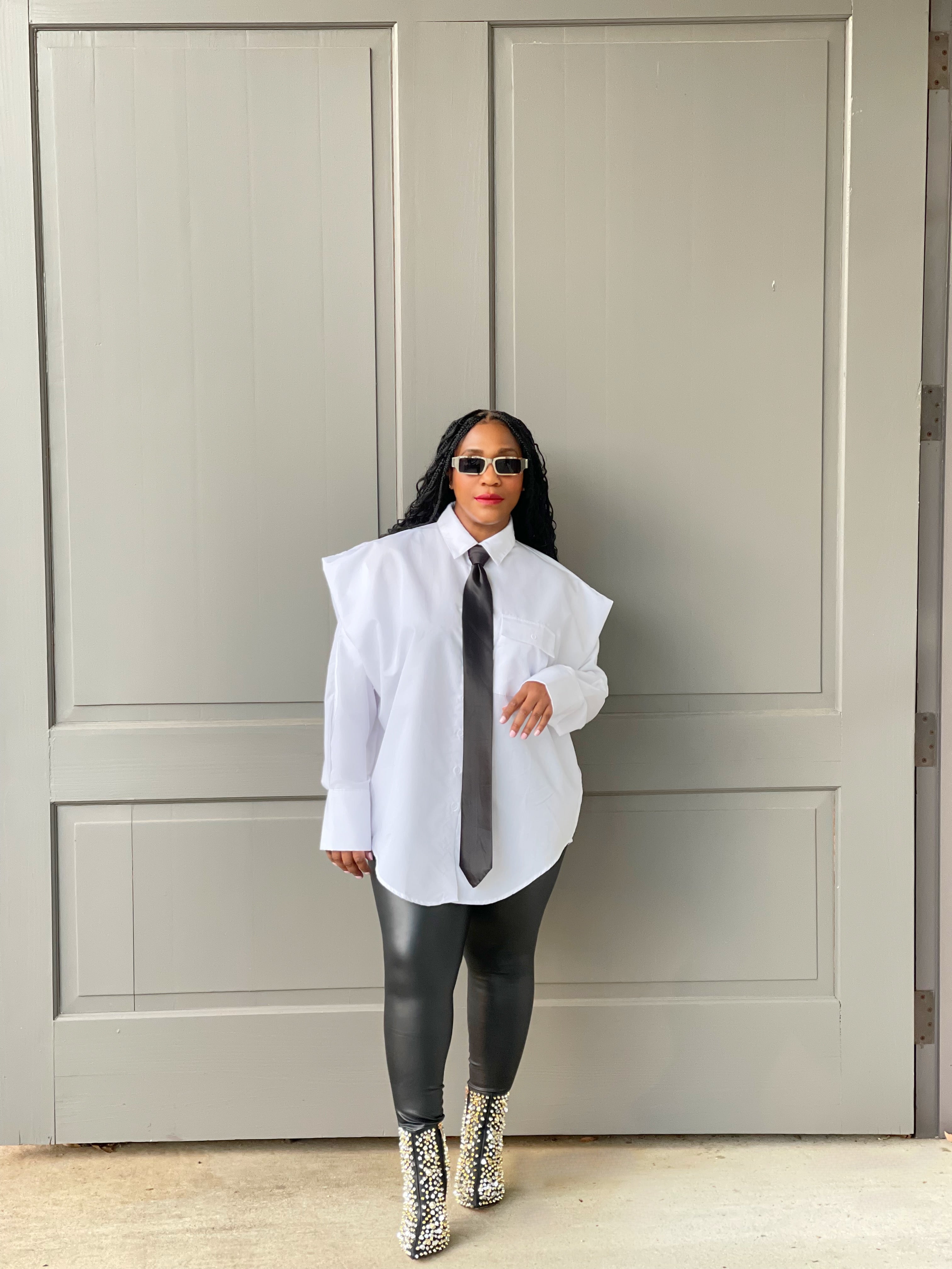 GOLDxTEAL white oversized shirt with black tie.