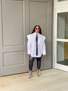 GOLDxTEAL white oversized shirt with black tie.