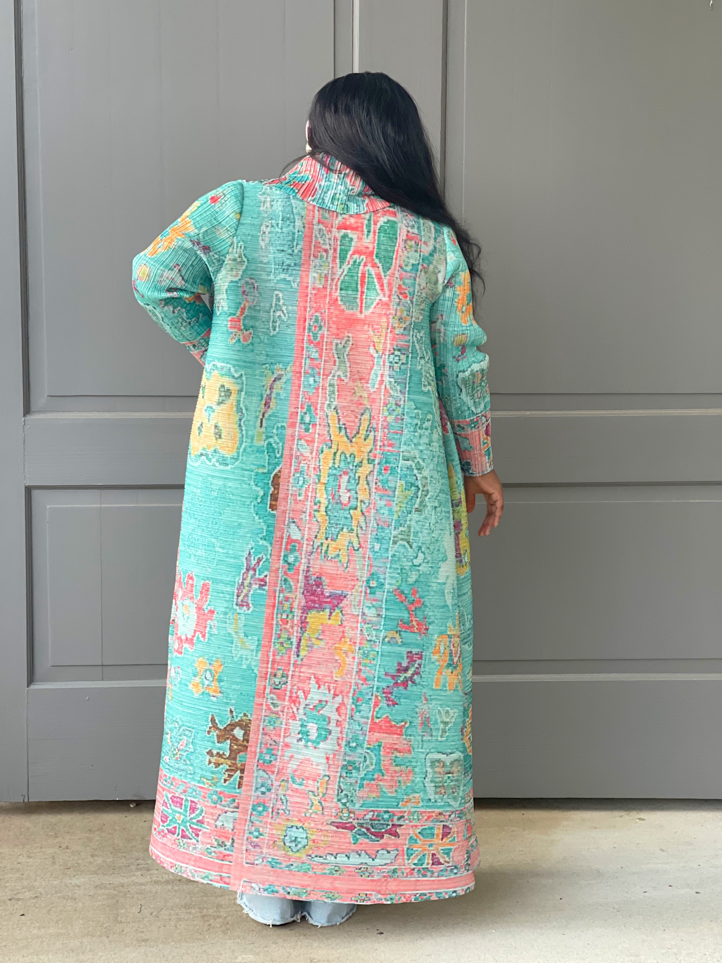 GOLDxTEAL Gorgeous pleated open cardigan. Colorful printed long cardigan coat.