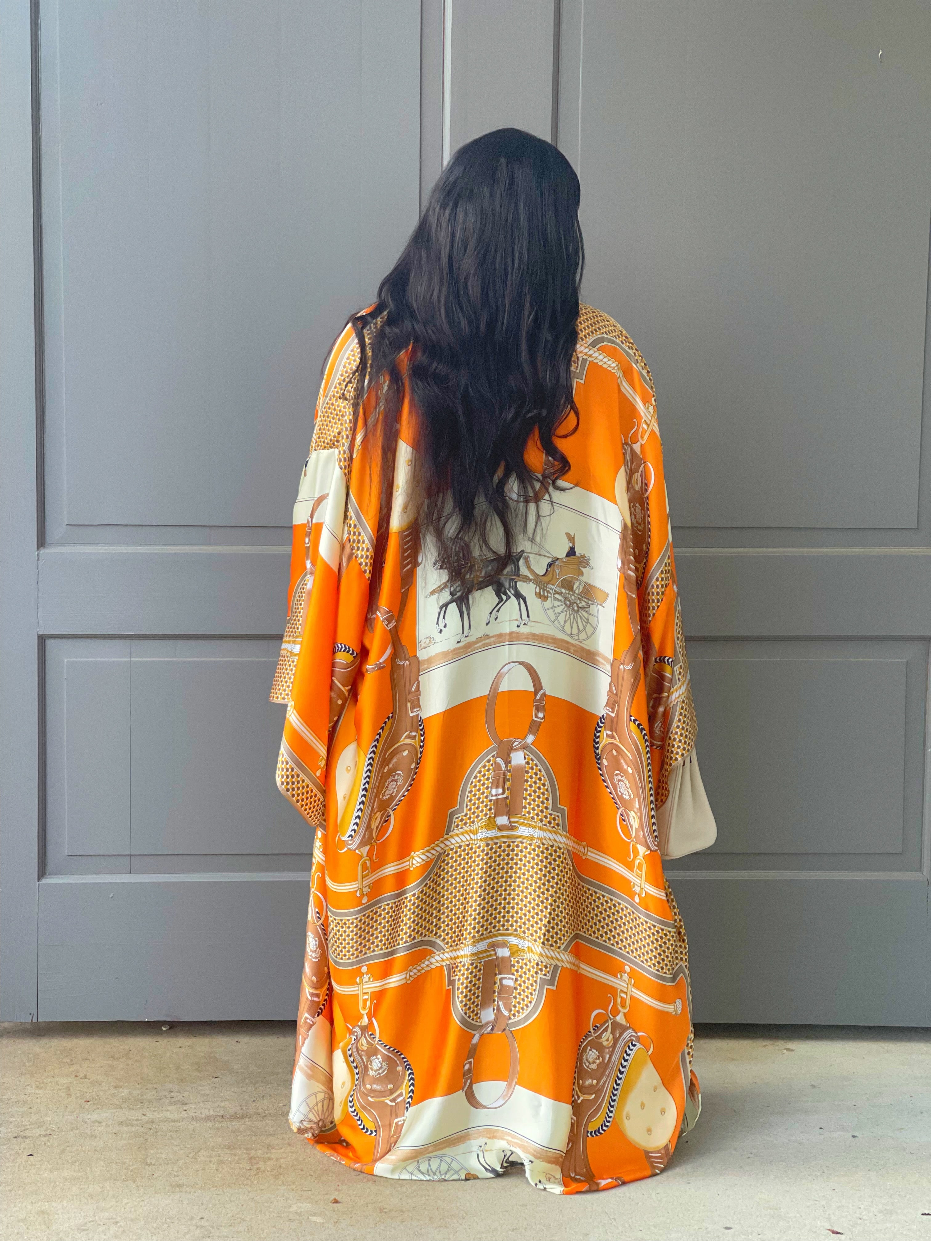 GOLDxTEAL orange printed kimono kaftan.