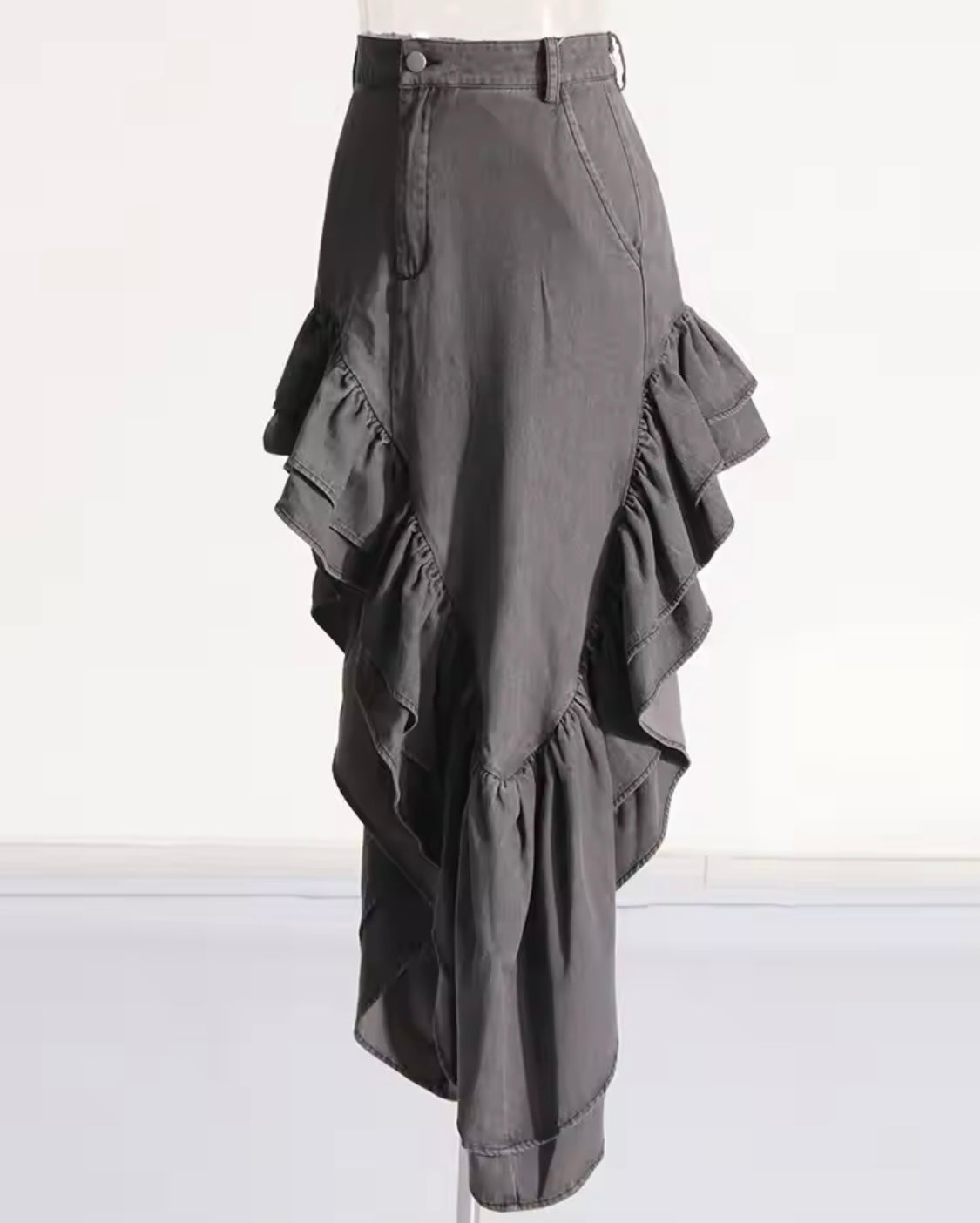 GOLDxTEAL gray denim ruffled asymmetrical skirt.