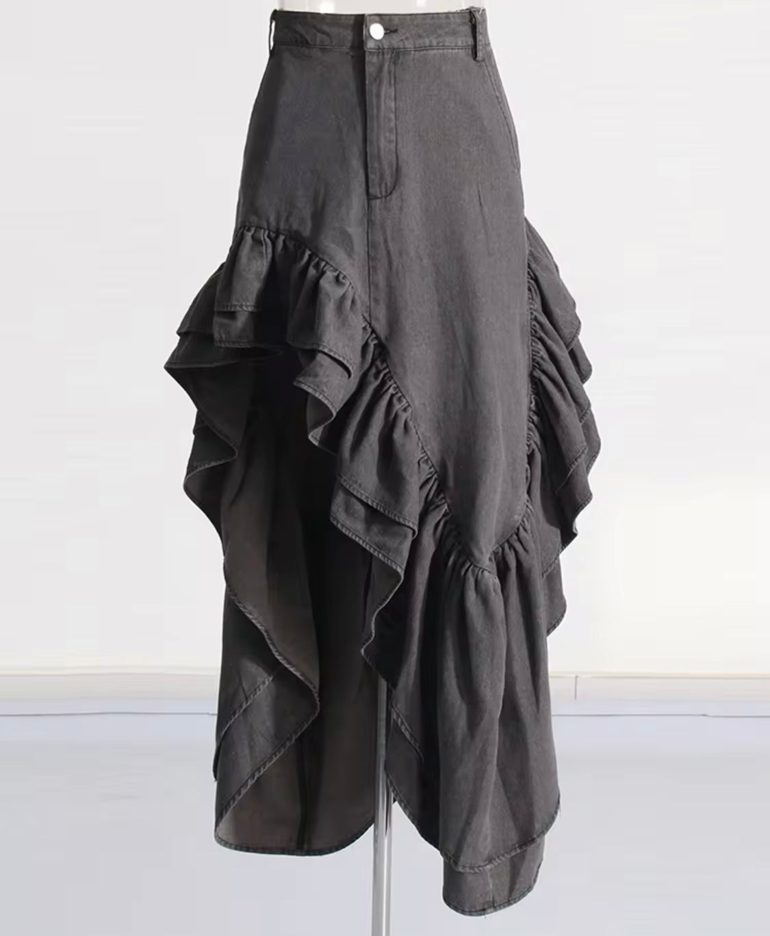 GOLDxTEAL gray denim ruffled asymmetrical skirt.