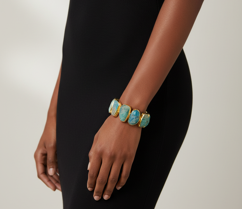 Raw-cut Amazonite stone bracelet with gold-plated brass trim by GOLD x TEAL.
