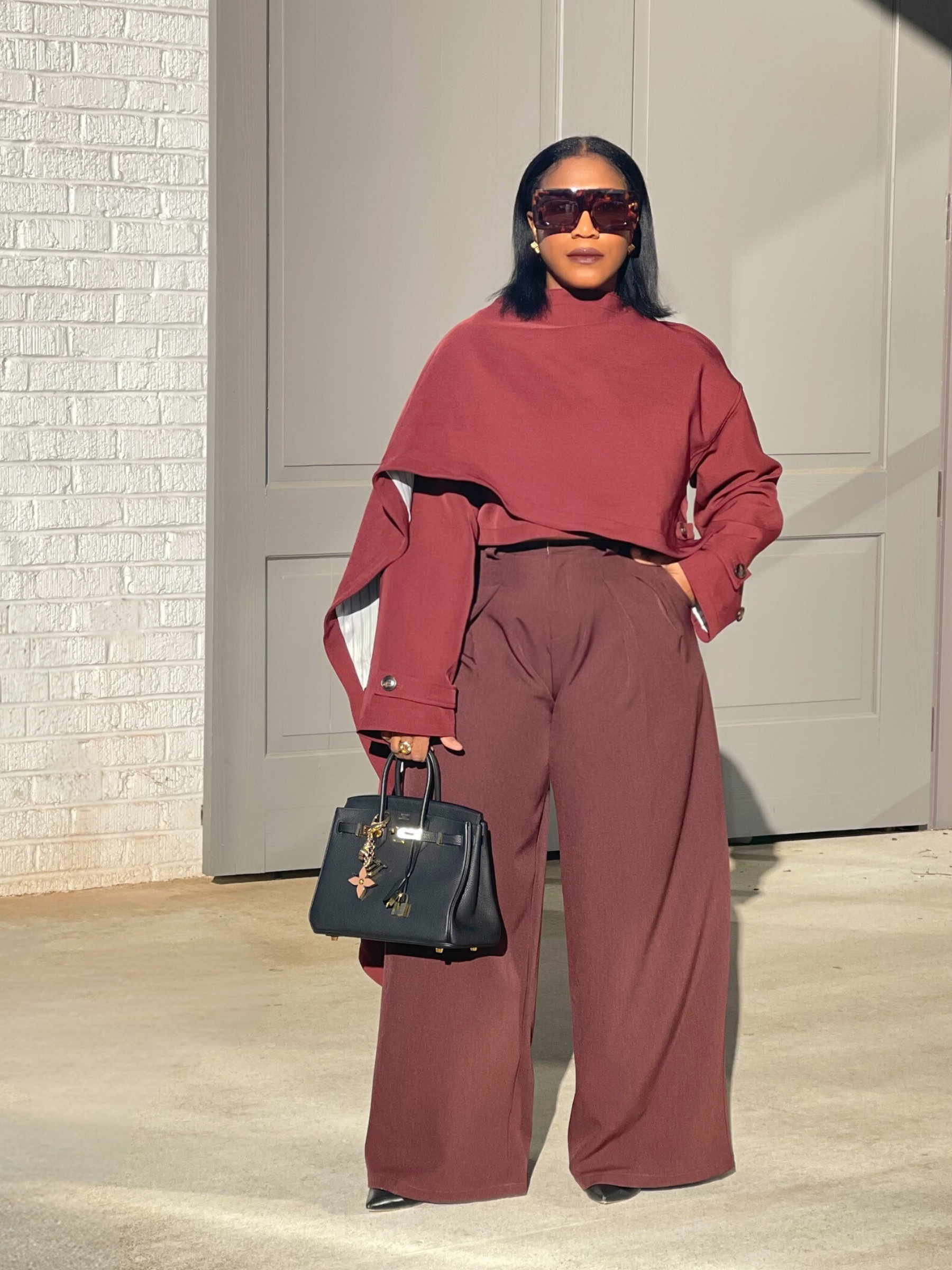 Astra Crop Cape Jacket in bordeaux, front view, architectural cape design by GOLD x TEAL.