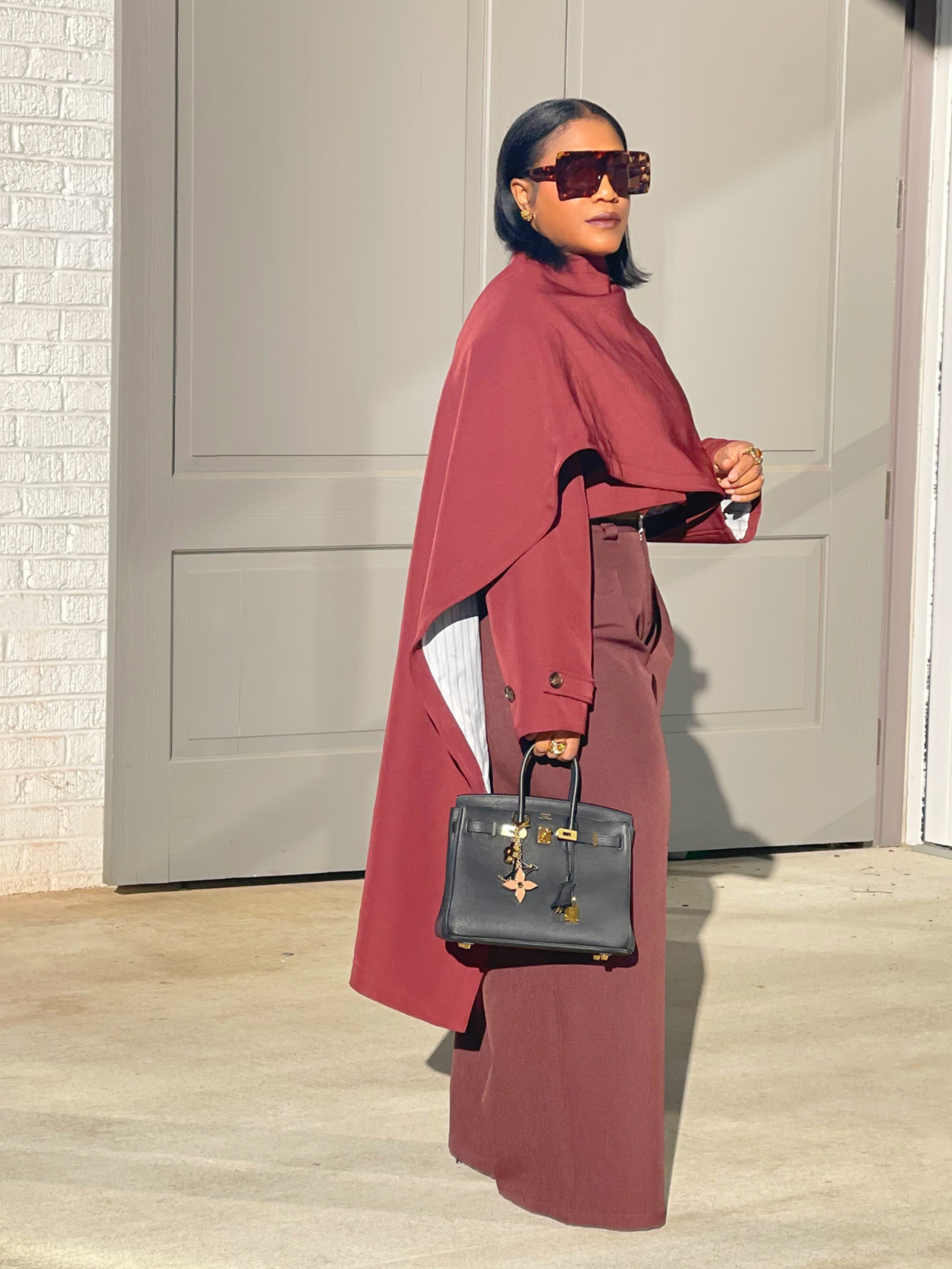 Astra Crop Cape Jacket side view in bordeaux, modern cropped outerwear by GOLD x TEAL.