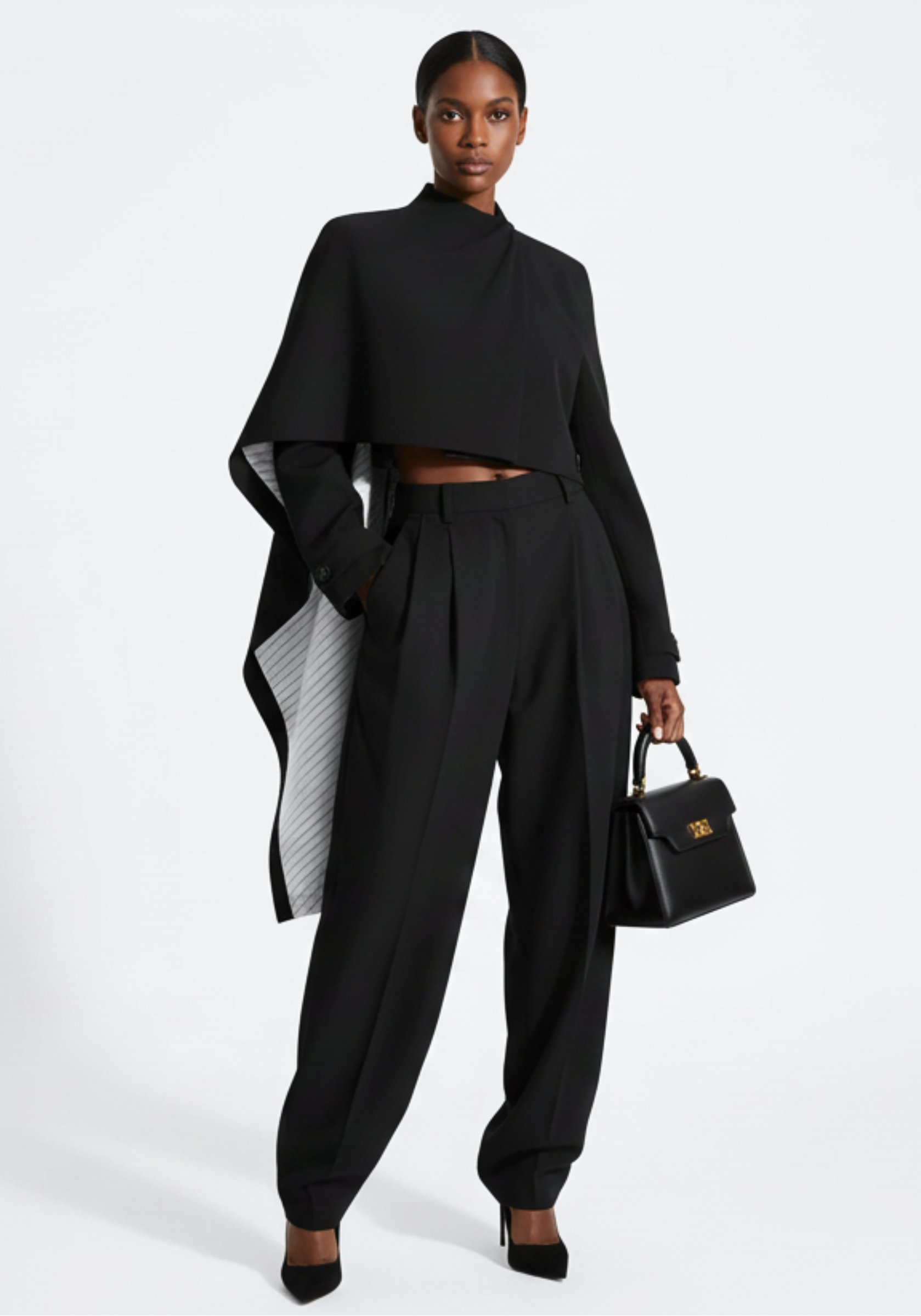 Astra Crop Cape Jacket styled look, minimalist luxury outerwear, GOLD x TEAL.