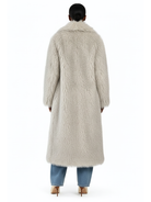 Back view of the GOLD x TEAL Frost Luxe Coat displaying full-length design and soft faux Mongolian fur texture in Frost color.