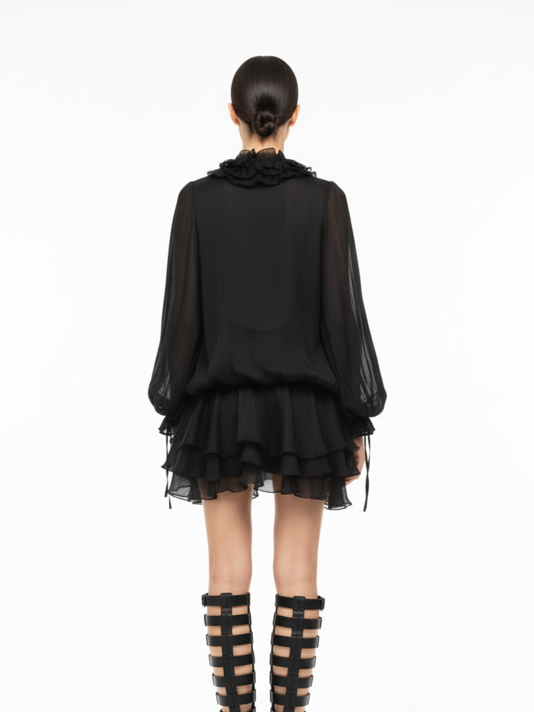 GOLD X TEAL ROSA RUFFLE MINI DRESS BACK.