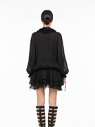 GOLD X TEAL ROSA RUFFLE MINI DRESS BACK.