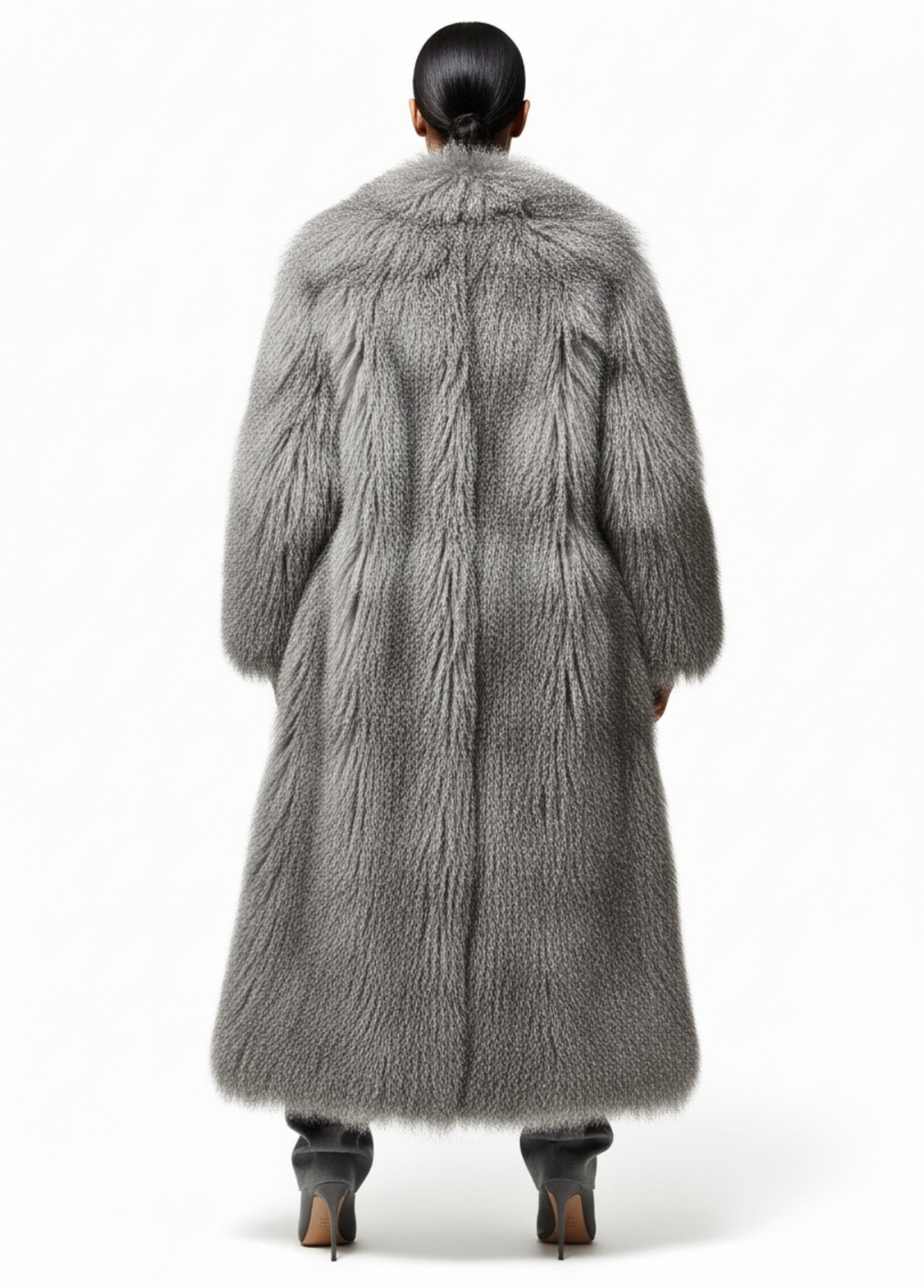 Back view of the GOLD x TEAL Aurelia Fur Coat in gray highlighting longline silhouette and dimensional fur texture.