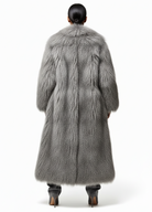 Back view of the GOLD x TEAL Aurelia Fur Coat in gray highlighting longline silhouette and dimensional fur texture.