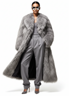GOLD x TEAL Aurelia Fur Coat in gray shown on model, longline luxury fur coat worn open with fluid drape and editorial silhouette, relaxed.