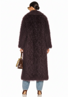 GOLDxTEAL back view of the Bordeaux Opulence Coat revealing full-length faux Mongolian fur texture and elegant drape.