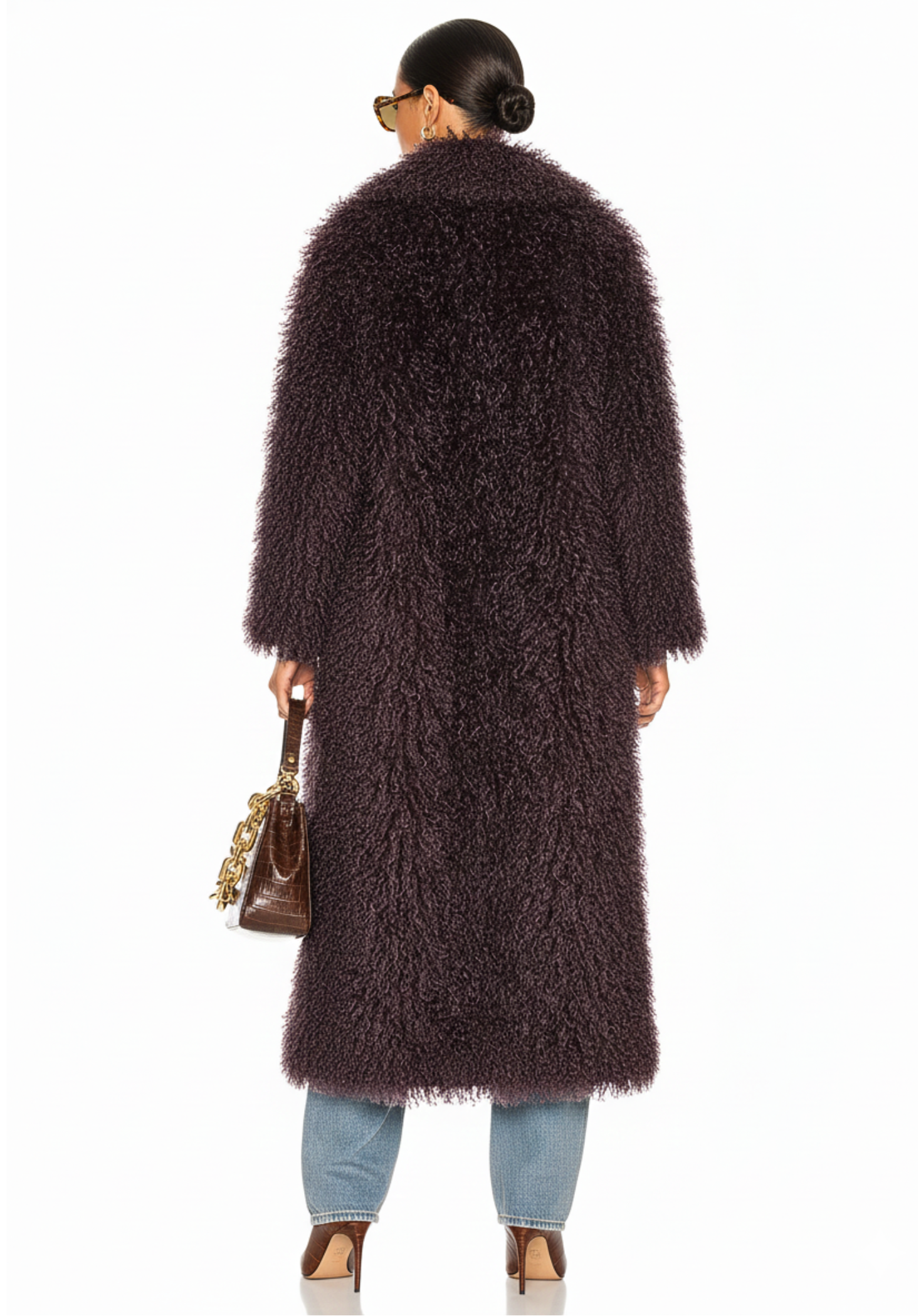 GOLDxTEAL back view of the Bordeaux Opulence Coat revealing full-length faux Mongolian fur texture and elegant drape.
