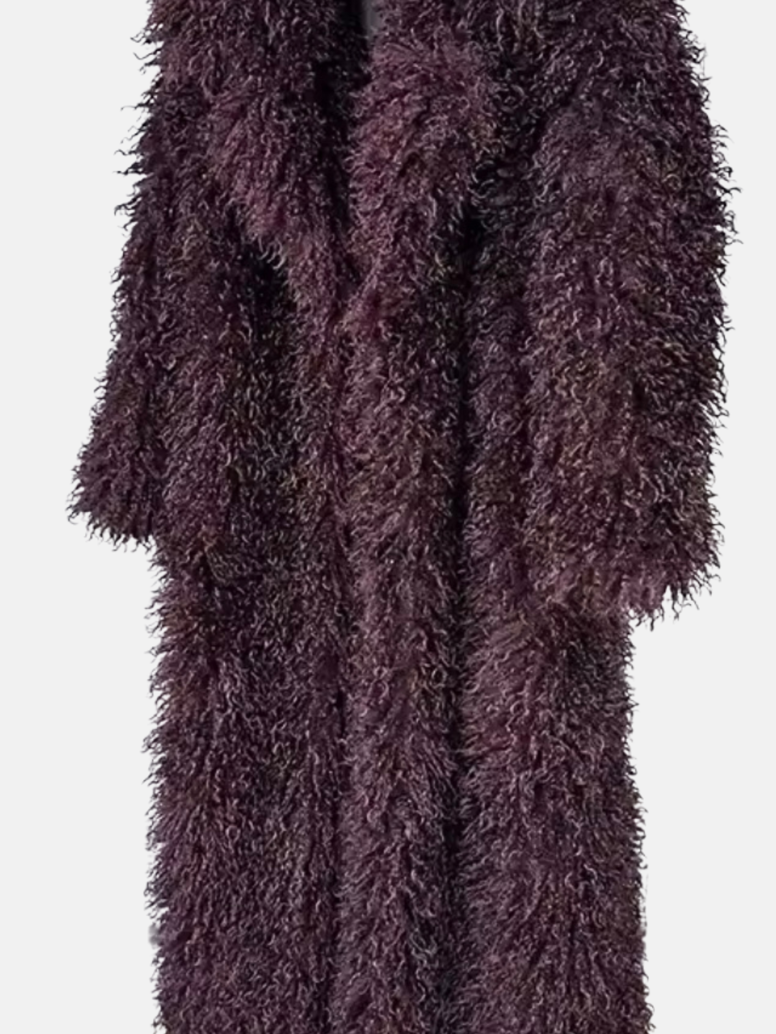 GOLDxTEAL close-up detail of the Bordeaux Opulence Coat faux Mongolian fur texture in deep Bordeaux color.