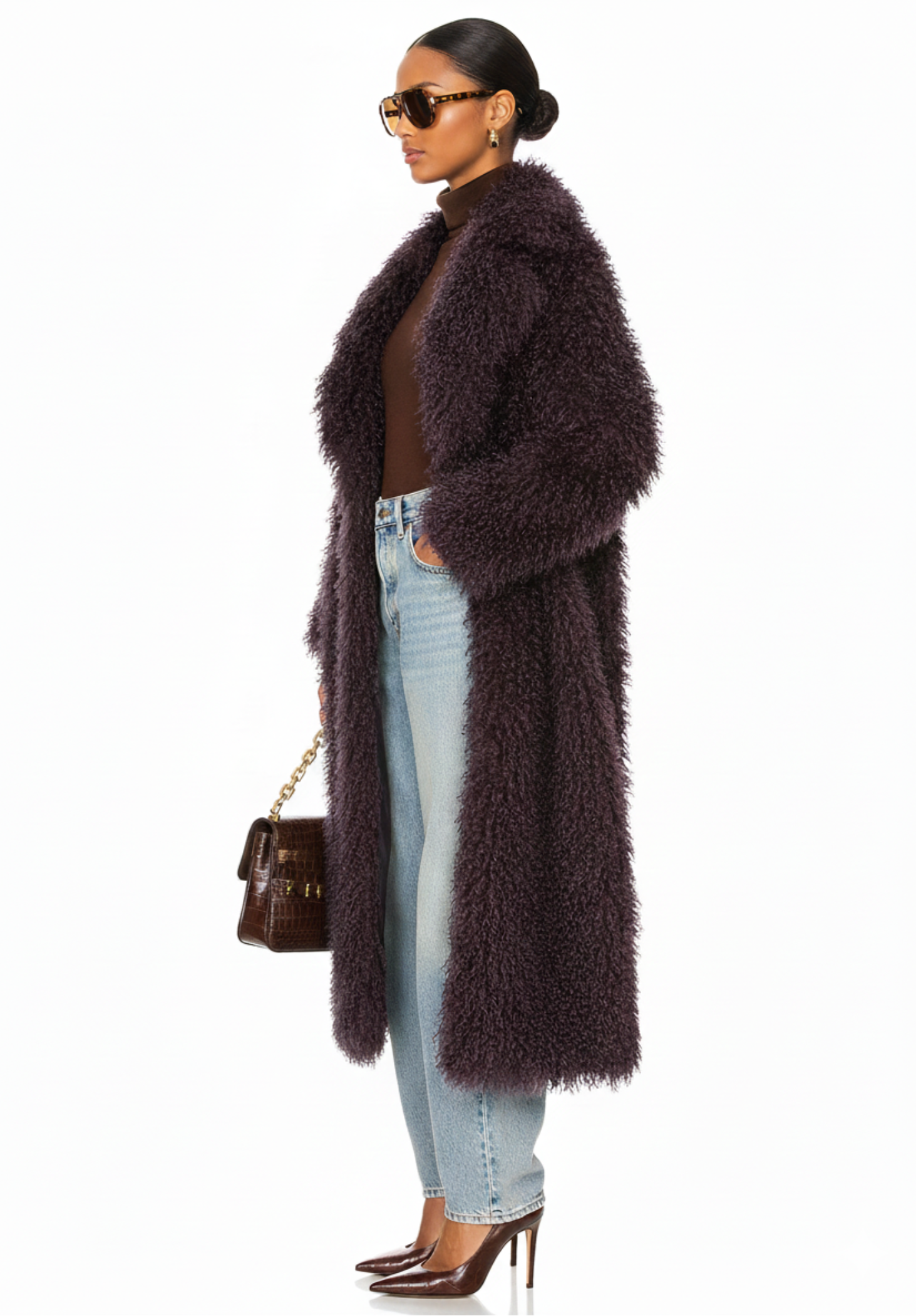GOLDxTEAL side profile of the Bordeaux Opulence faux Mongolian fur coat showing long silhouette and textured fur detail.