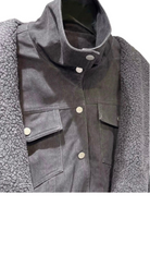 GOLD x TEAL wool shawl lapel detail on charcoal denim jacket.