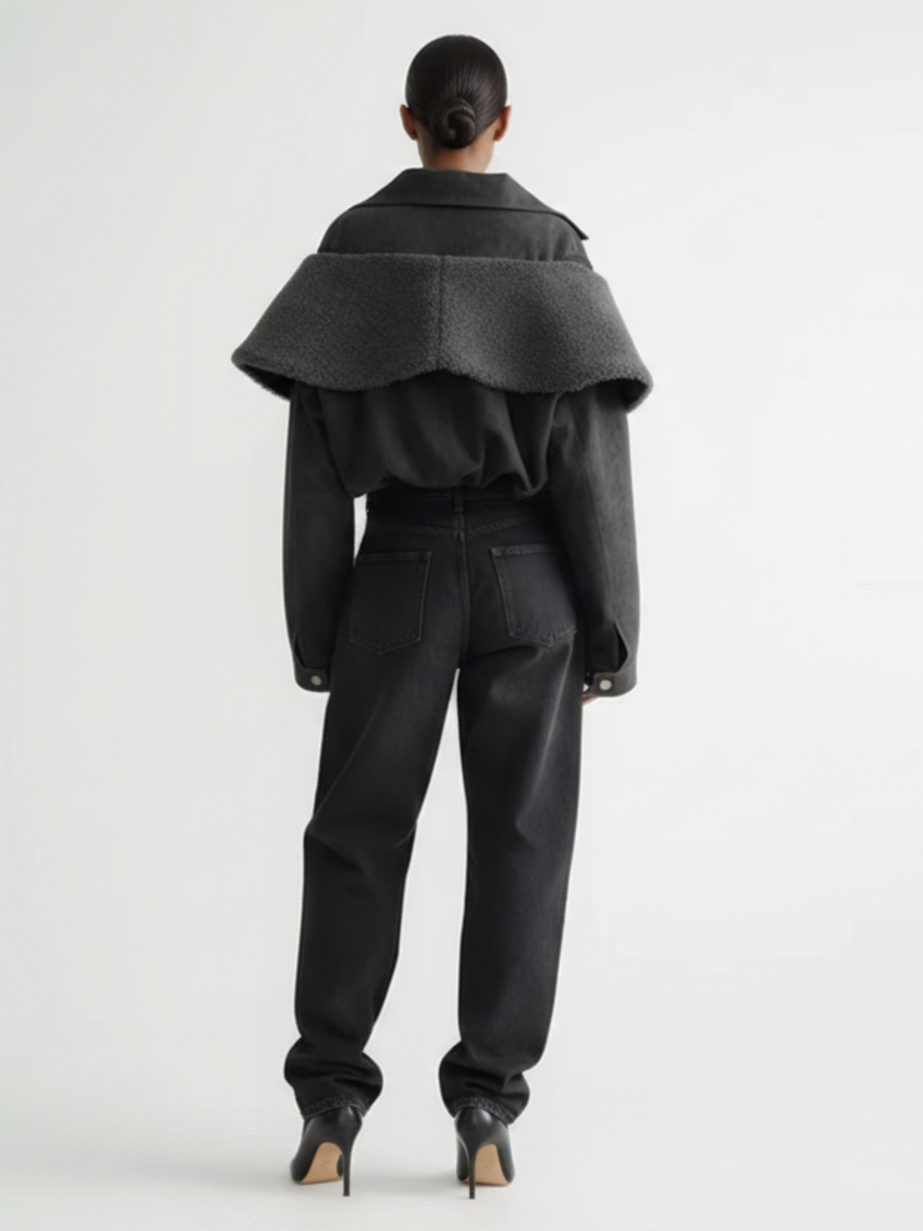 GOLD x TEAL charcoal denim jacket back view with wide sleeves.