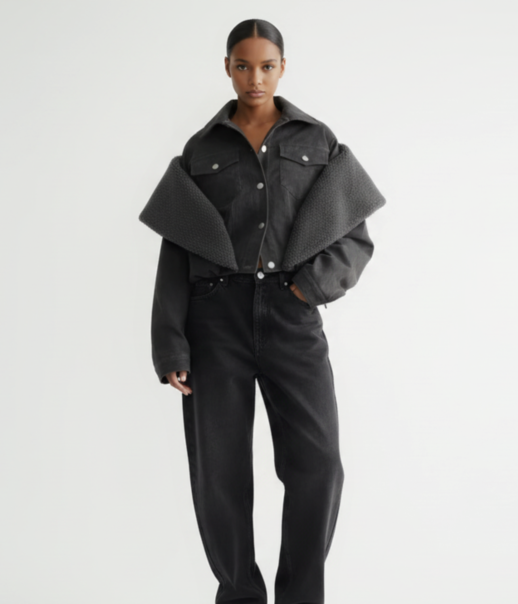 GOLD x TEAL slate collar denim jacket with wool shawl lapel front view