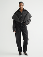 GOLD x TEAL slate collar denim jacket with wool shawl lapel front view