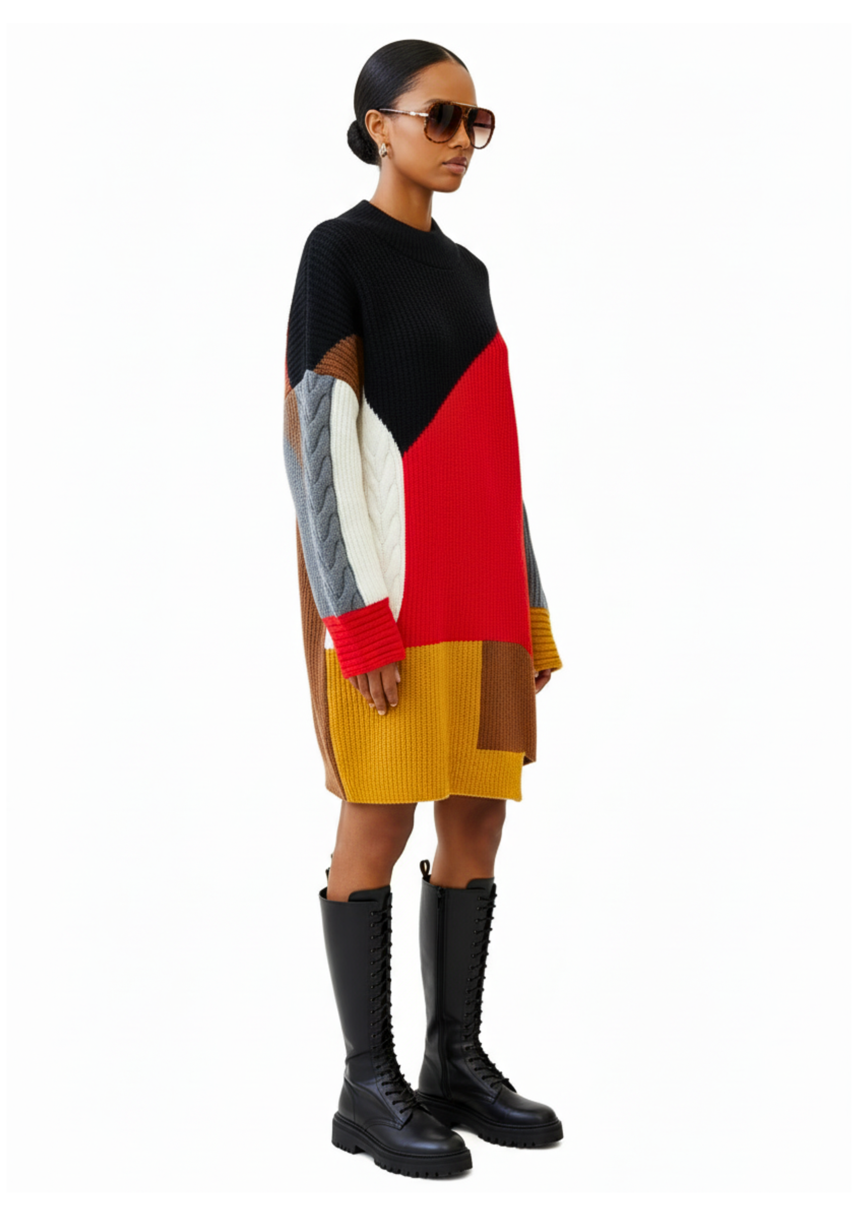 GOLD x TEAL Calle Geo patchwork knit mini dress side view.