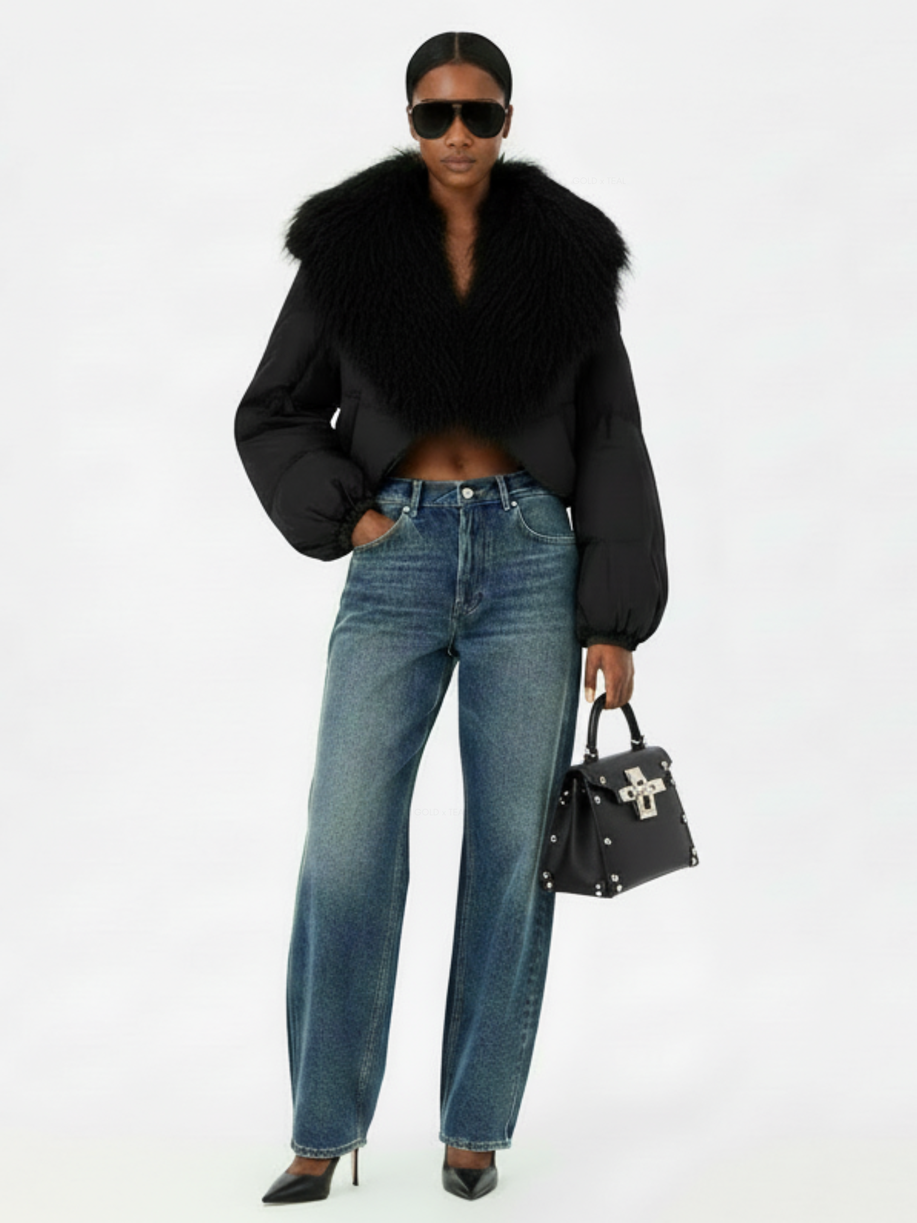 GOLD x TEAL BLACK FUR JACKET ON MODEL.