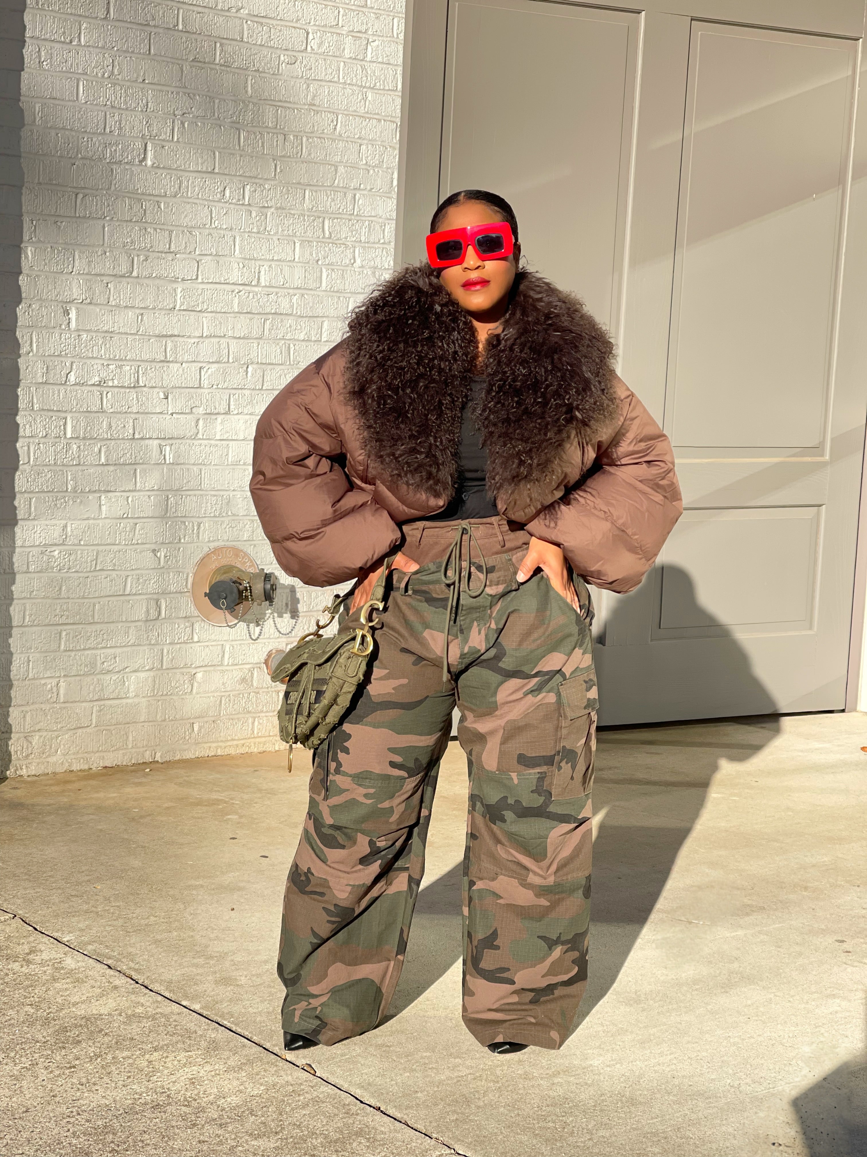 GOLD x TEAL MODEL WEARING CITY LUXE JACKET IN TRUFFLE.