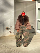 GOLD x TEAL Model wearing brown City Luxe Truffle Jacket.