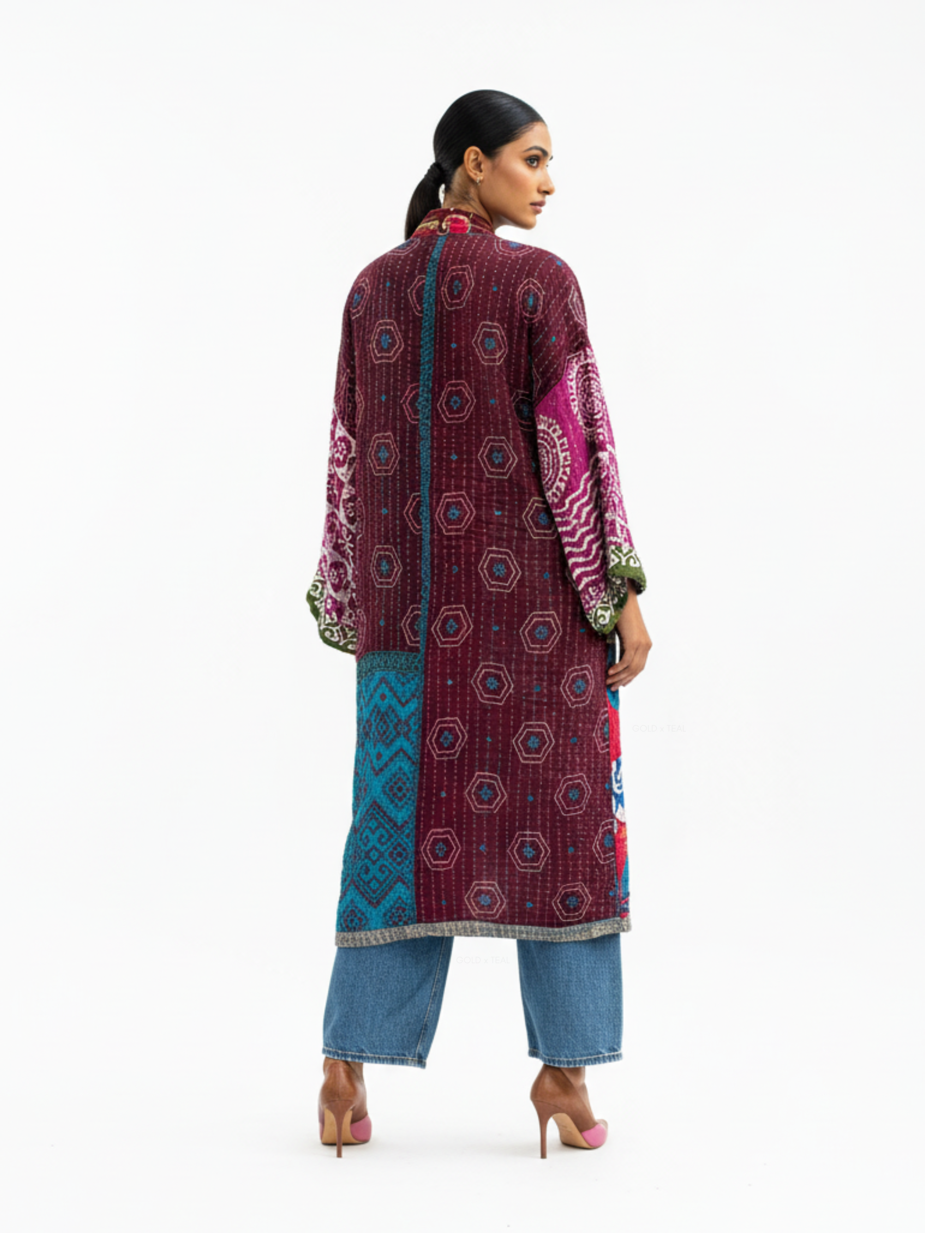Back view of Kantha Patchwork Duster by GOLD x TEAL highlighting hand-stitched kantha embroidery and one-of-a-kind patchwork design.