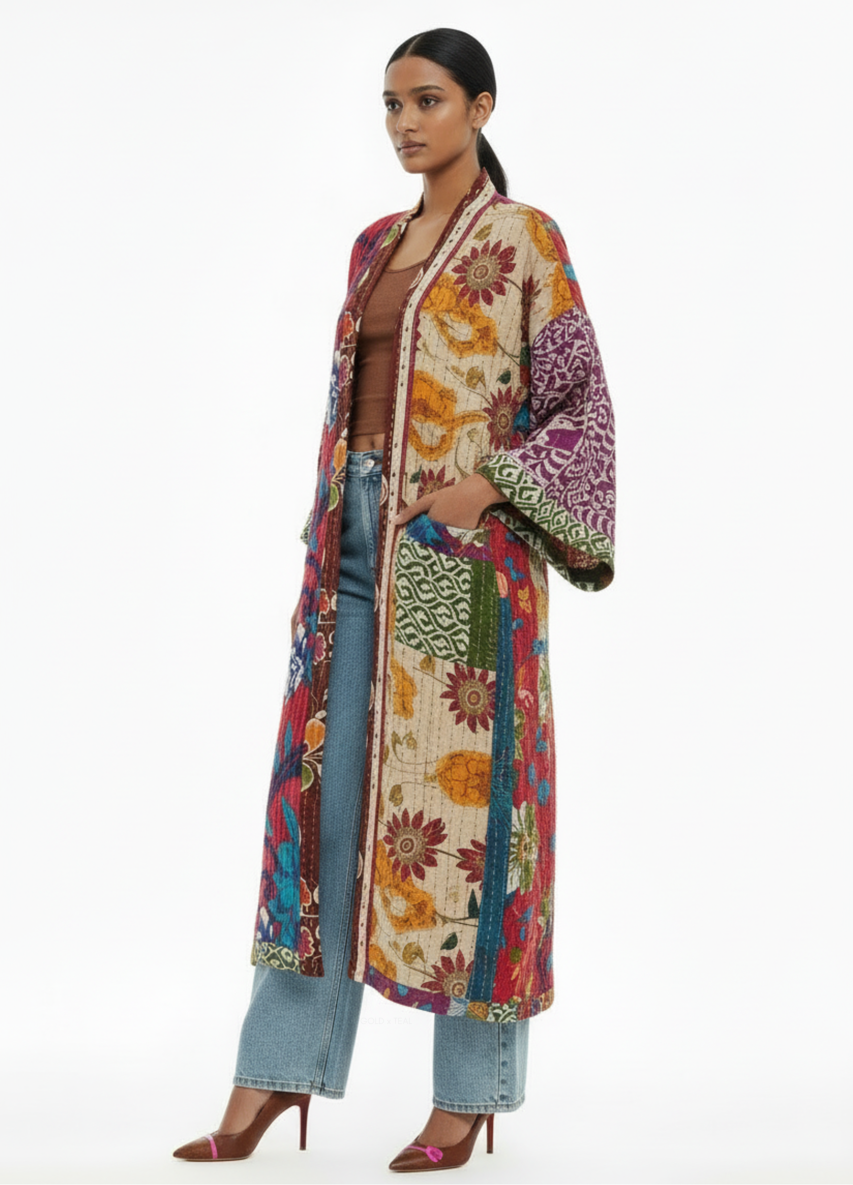 Front and side view of Kantha Patchwork Duster by GOLD x TEAL showing curated patchwork prints, kimono-style sleeves, and fluid drape
