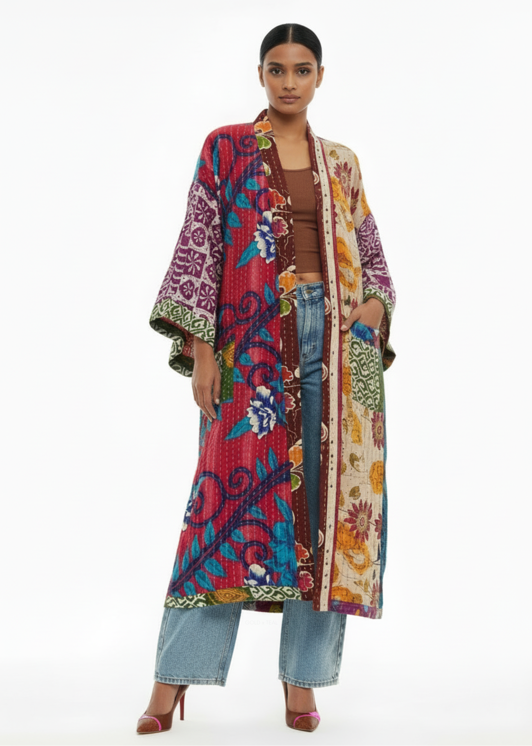 Kantha Patchwork Duster by GOLD x TEAL handcrafted from vintage cotton saris with hand-stitched embroidery in an elegant elongated silhouette