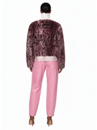 Back view of Maison Print Faux Fur Knit Sweater by GOLD x TEAL highlighting printed faux fur paneling across the back and relaxed knit construction.