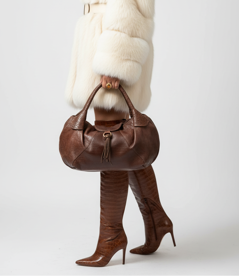 Mousse Hobo Handbag by GOLD x TEAL in brown pebbled leather featuring woven lattice handles, tassel snap closure, and soft sculpted hobo silhouette.