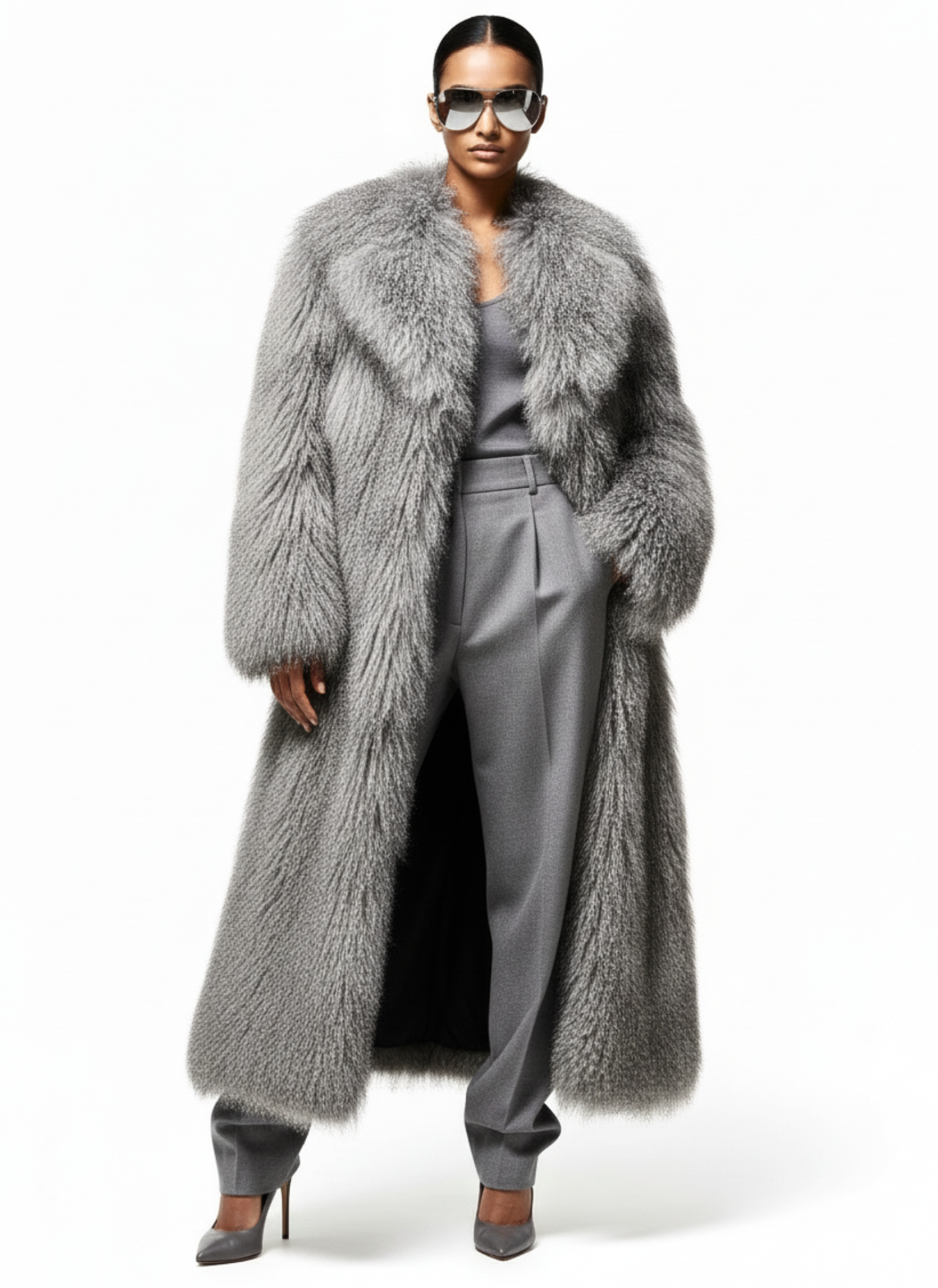 GOLD x TEAL Aurelia Fur Coat in gray shown on model, longline luxury fur coat worn open with fluid drape and editorial silhouette.