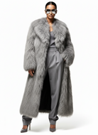 GOLD x TEAL Aurelia Fur Coat in gray shown on model, longline luxury fur coat worn open with fluid drape and editorial silhouette.