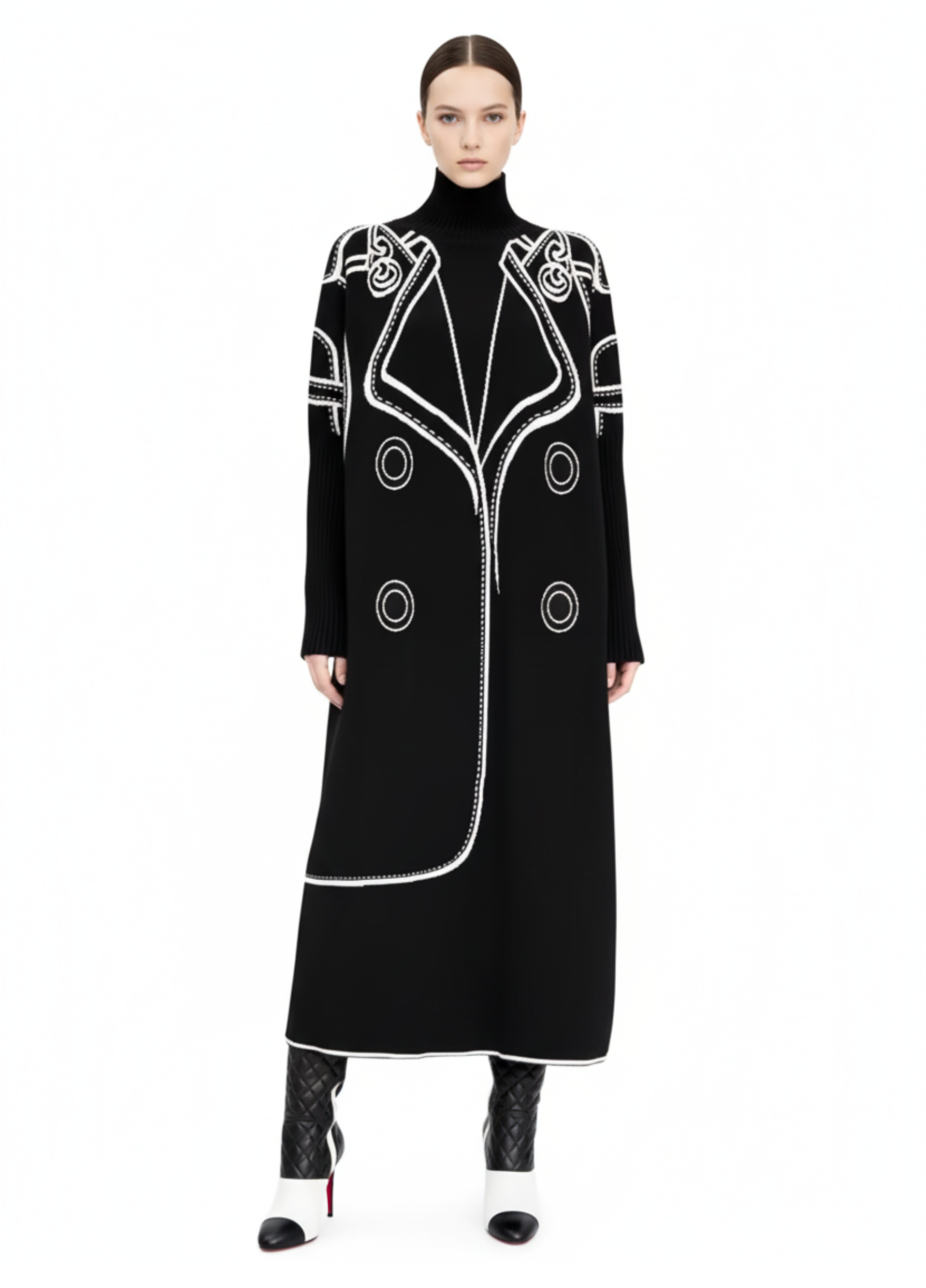 Reversible knit sweater dress with high turtleneck and relaxed silhouette.